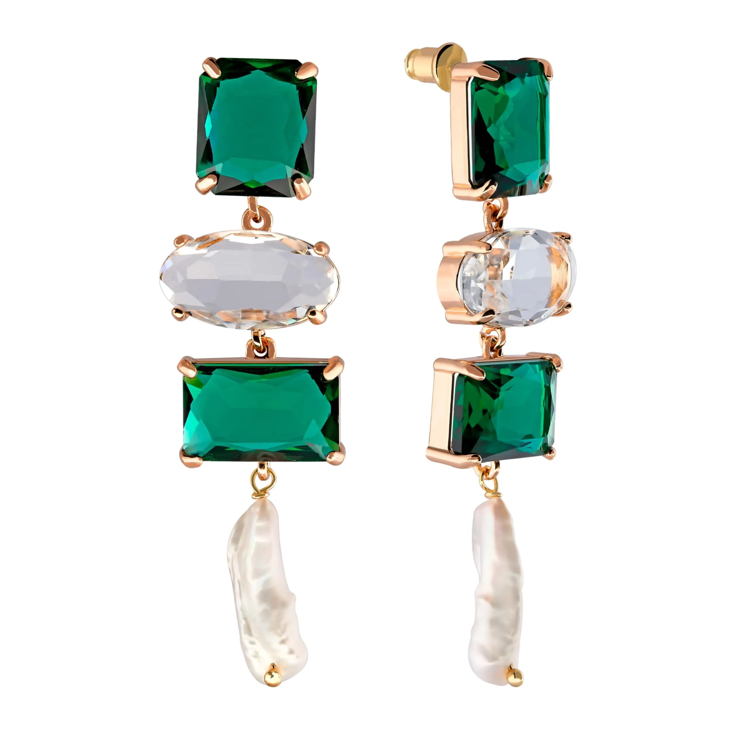 Emerald Dangle Earrings with Baroque Pearls