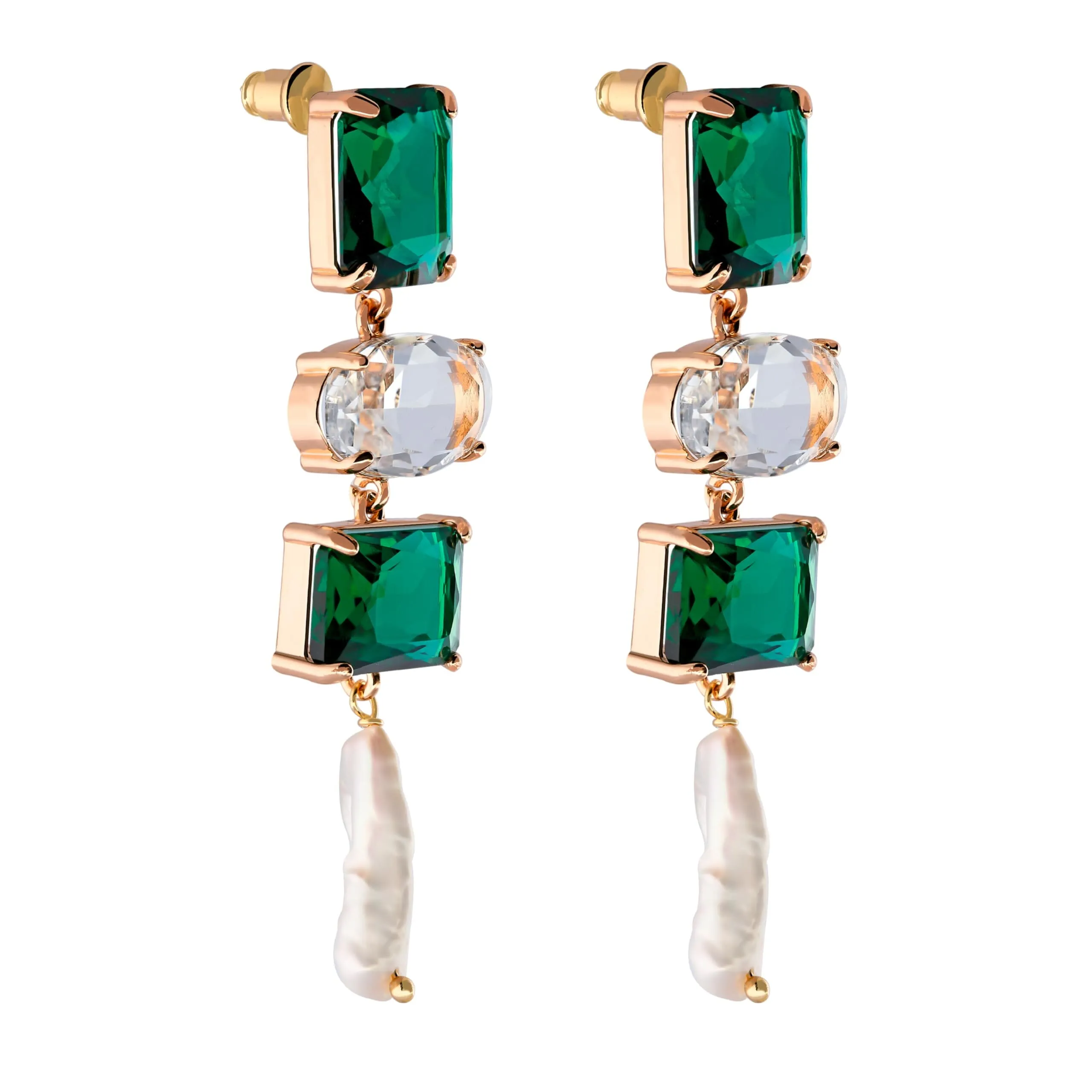 Emerald Dangle Earrings with Baroque Pearls