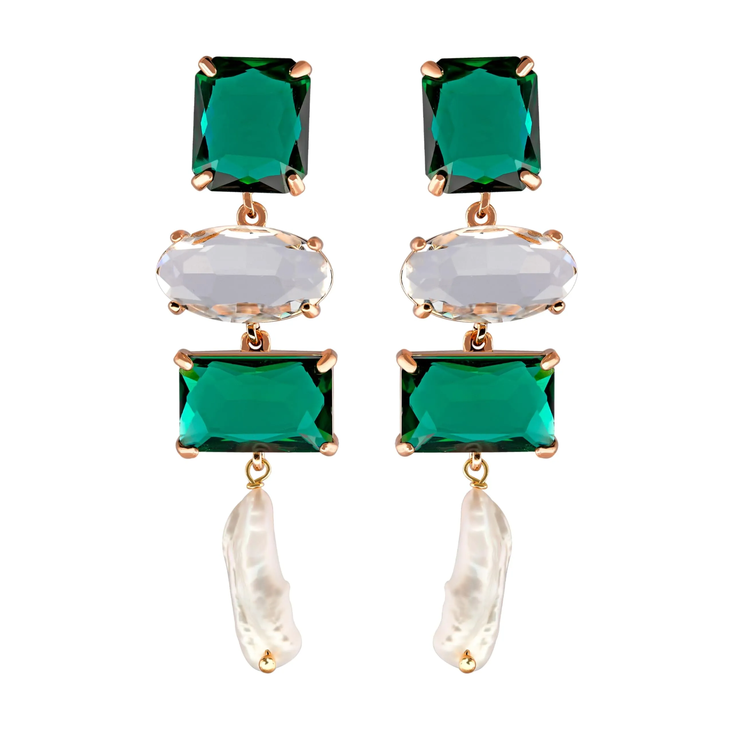 Emerald Dangle Earrings with Baroque Pearls
