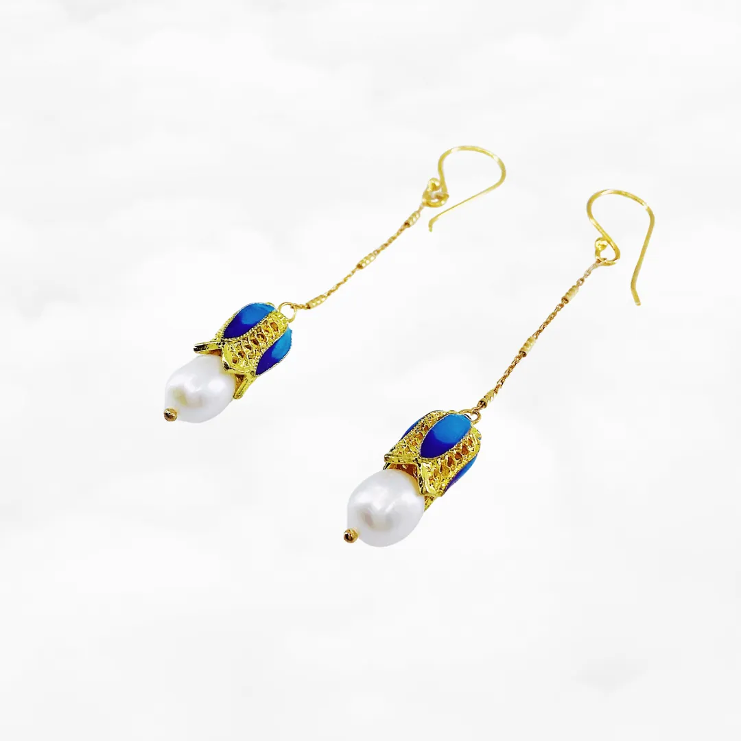 Enamel Floral Pearl Earrings