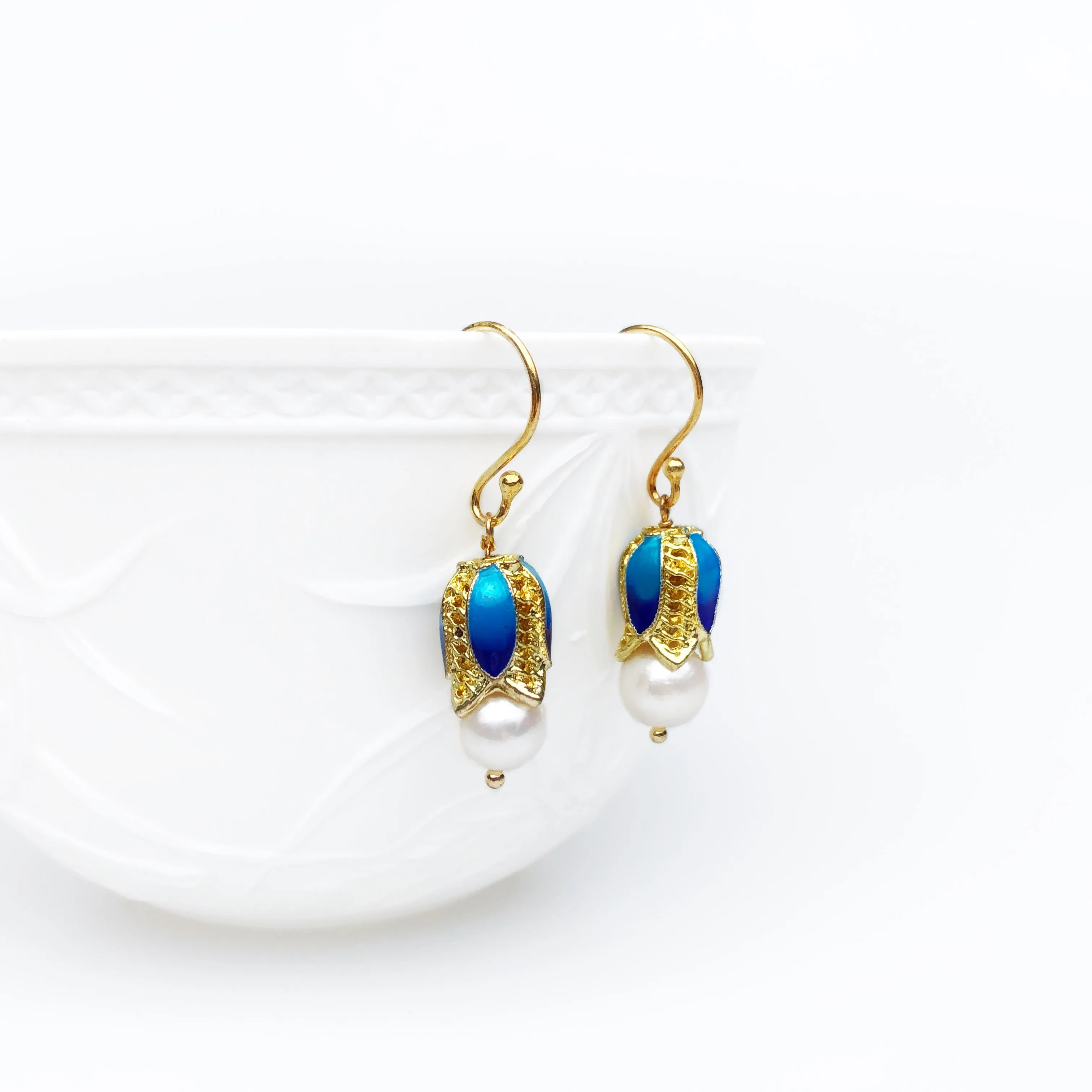 Enamel Floral Pearl Earrings