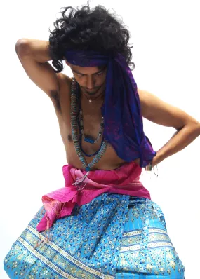 Ensemble 10: Vietnamese 100% Silk Two-Tone Scarf, Royal Blue/Magenta with Thailand Printed Turquoise Wrap Skirt - Each Item Sold Separately