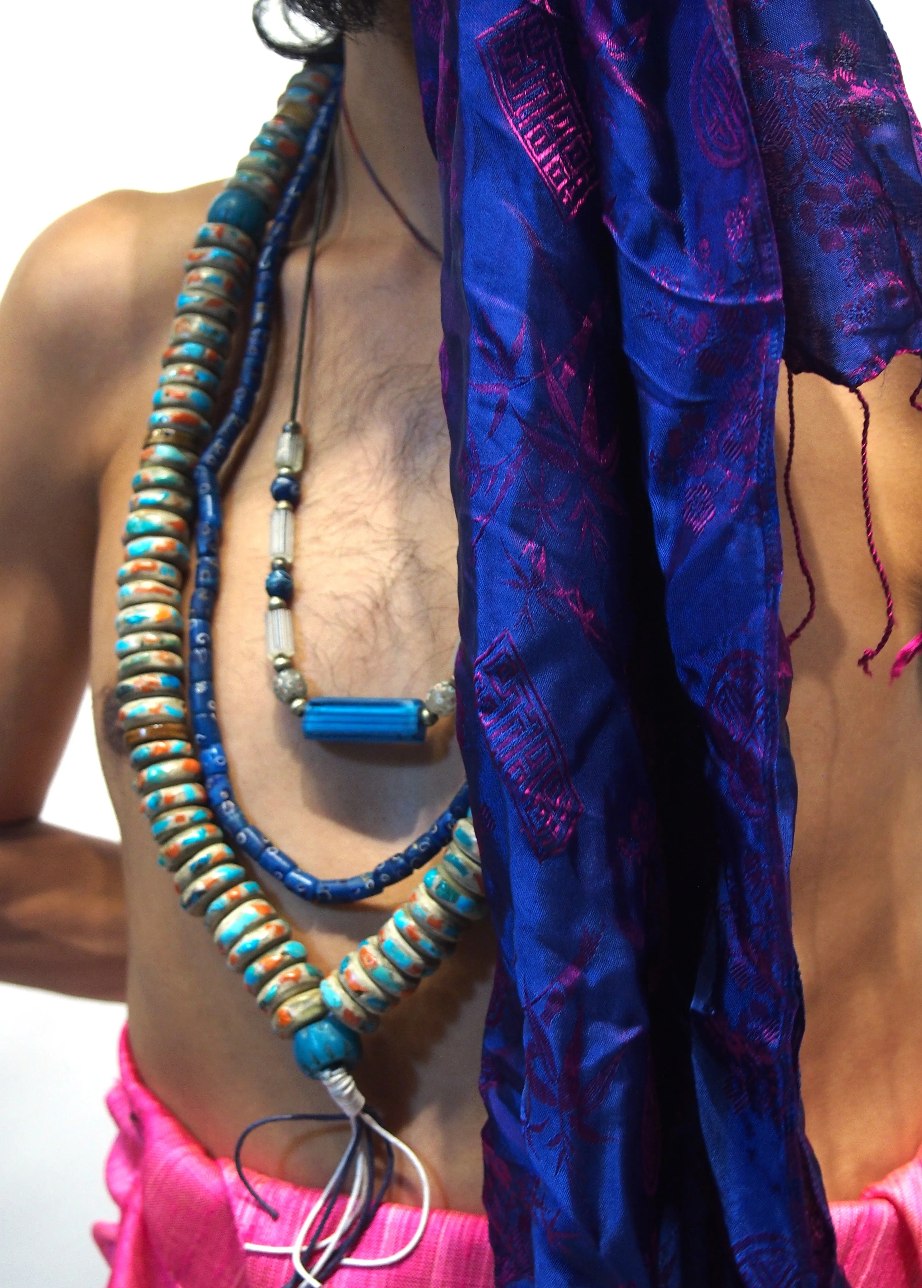 Ensemble 10: Vietnamese 100% Silk Two-Tone Scarf, Royal Blue/Magenta with Thailand Printed Turquoise Wrap Skirt - Each Item Sold Separately