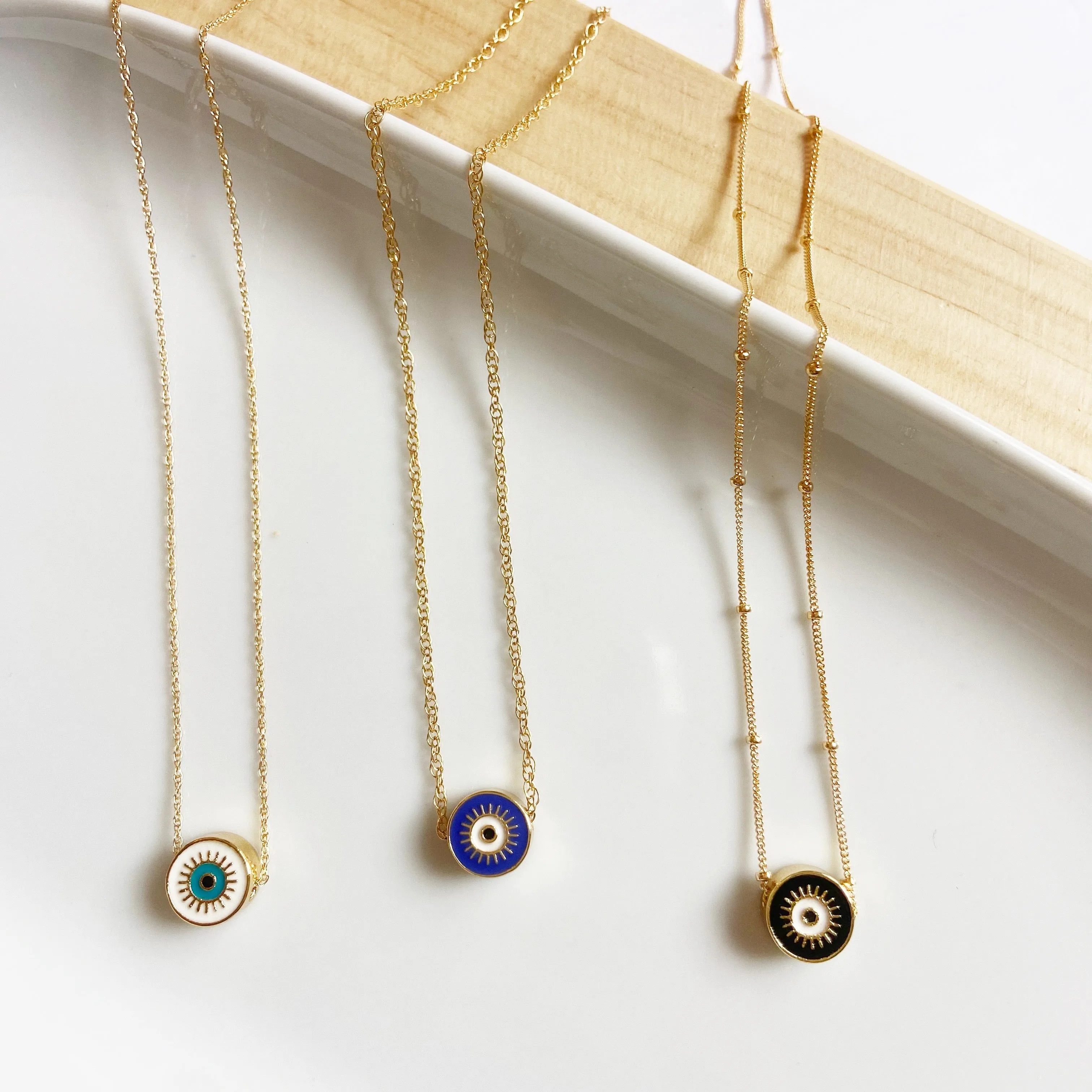 Evil Eye Sliding Charm Mid Length Pendant Necklace in Gold (18 inches or adjustable)