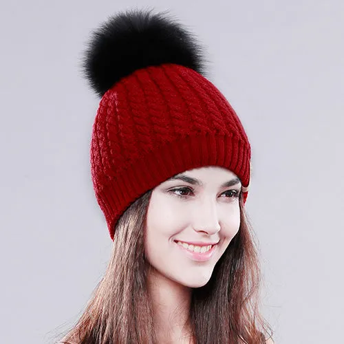 Fox Fur Big Raccoon Pom Pom Casual Warm Knitted Winter Beanie