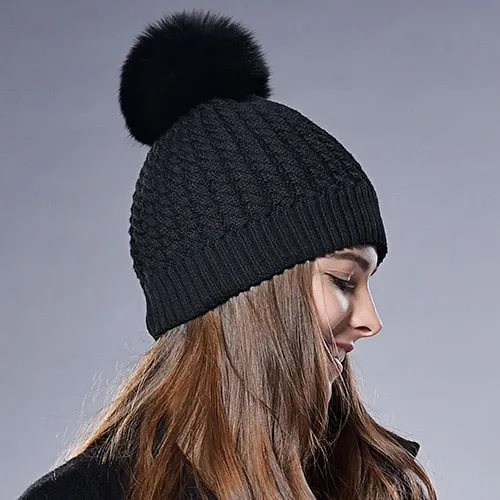 Fox Fur Big Raccoon Pom Pom Casual Warm Knitted Winter Beanie