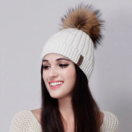 Fox Fur Big Raccoon Pom Pom Casual Warm Knitted Winter Beanie