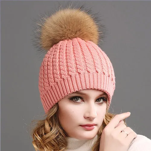 Fox Fur Big Raccoon Pom Pom Casual Warm Knitted Winter Beanie