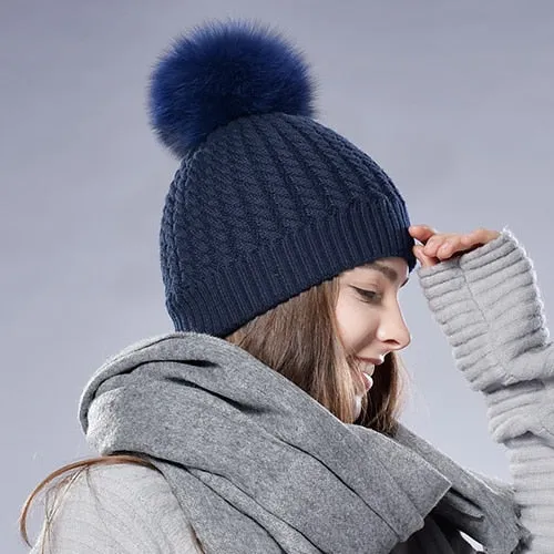 Fox Fur Big Raccoon Pom Pom Casual Warm Knitted Winter Beanie
