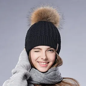 Fox Fur Big Raccoon Pom Pom Casual Warm Knitted Winter Beanie