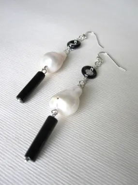 Fresh Water Baroque Pearl and Black Agate Earrings