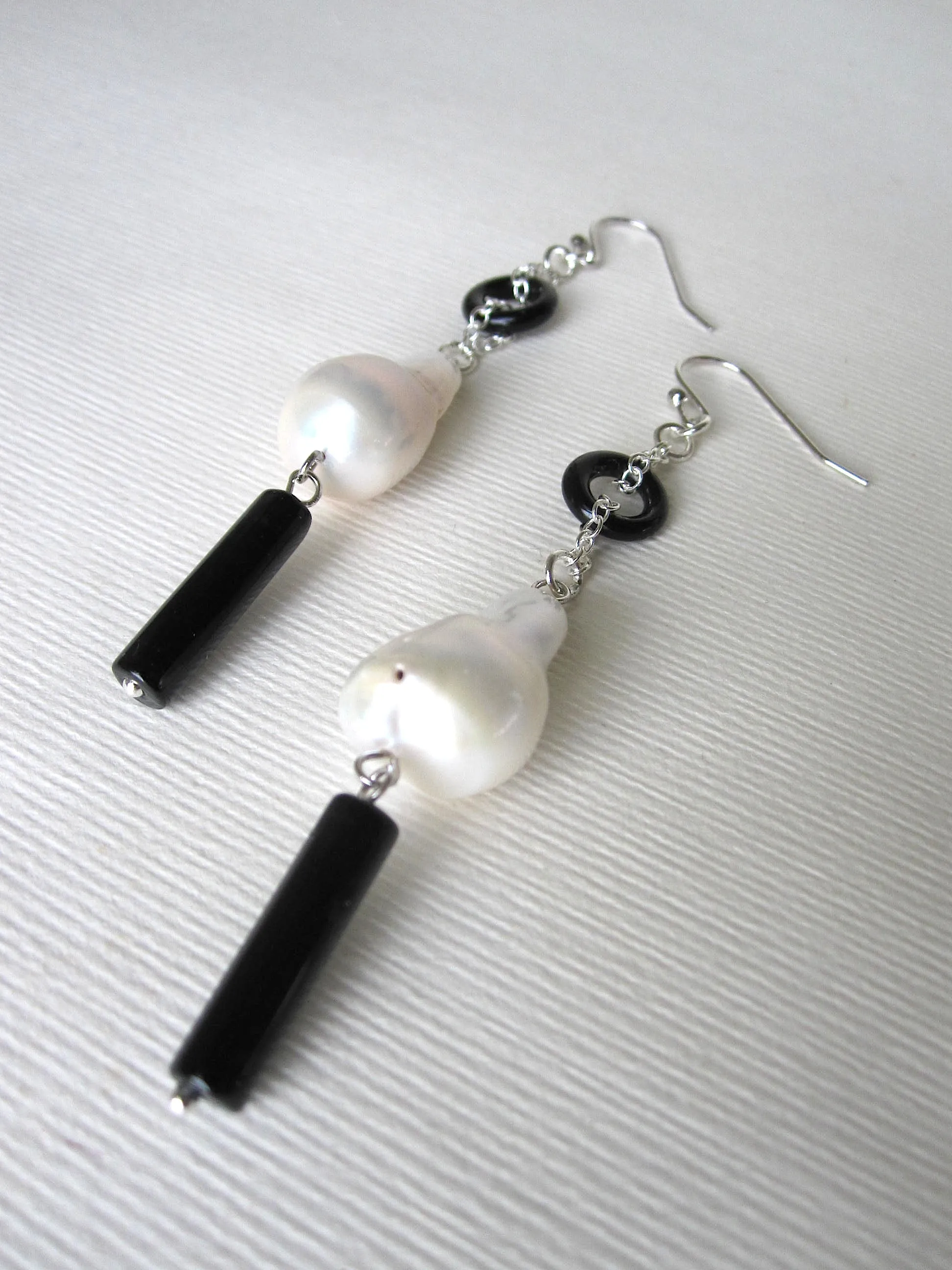 Fresh Water Baroque Pearl and Black Agate Earrings