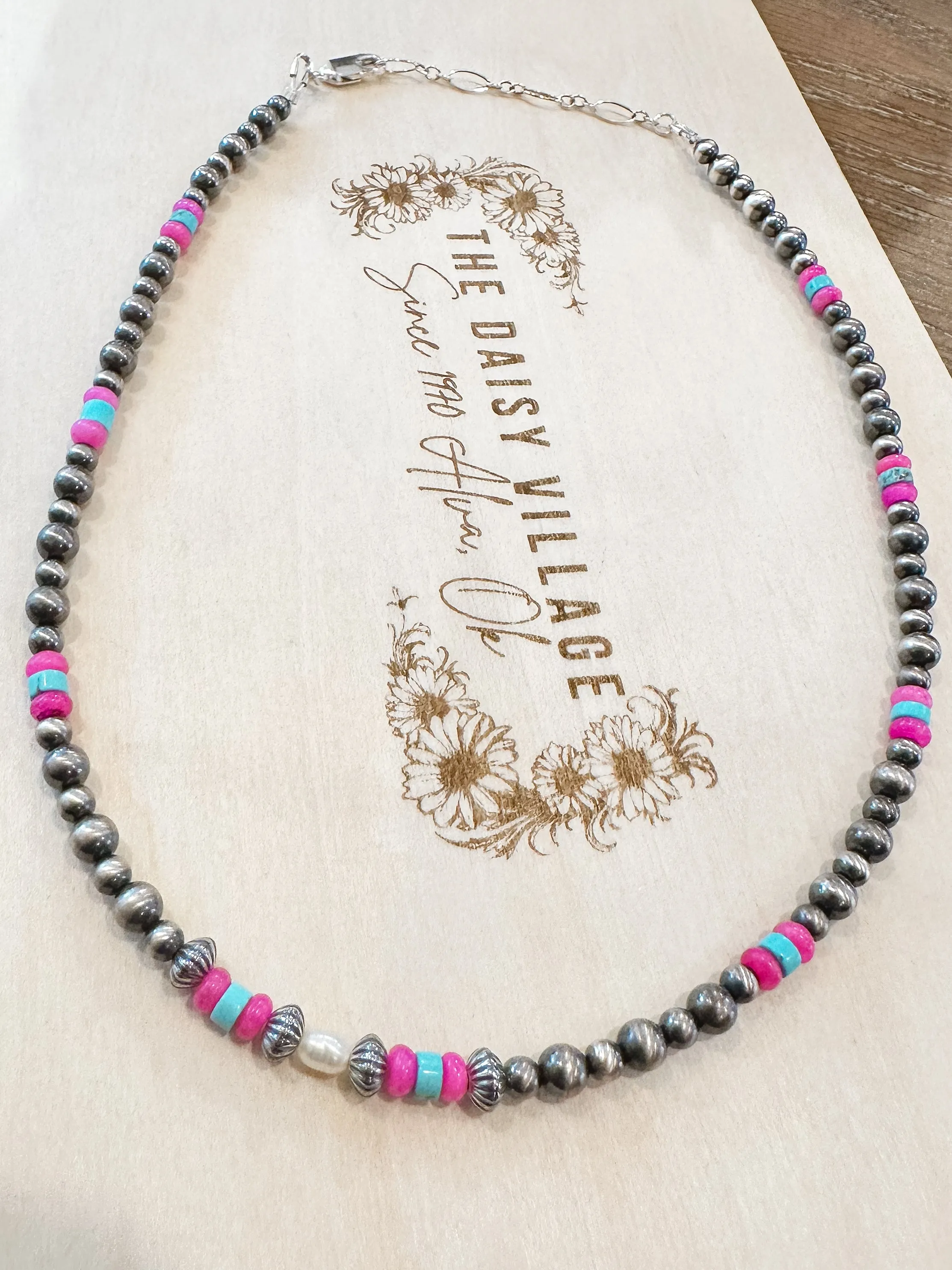 Freshwater Pearl & Hot Pink Quarts Variated Navajo Pearl Necklace