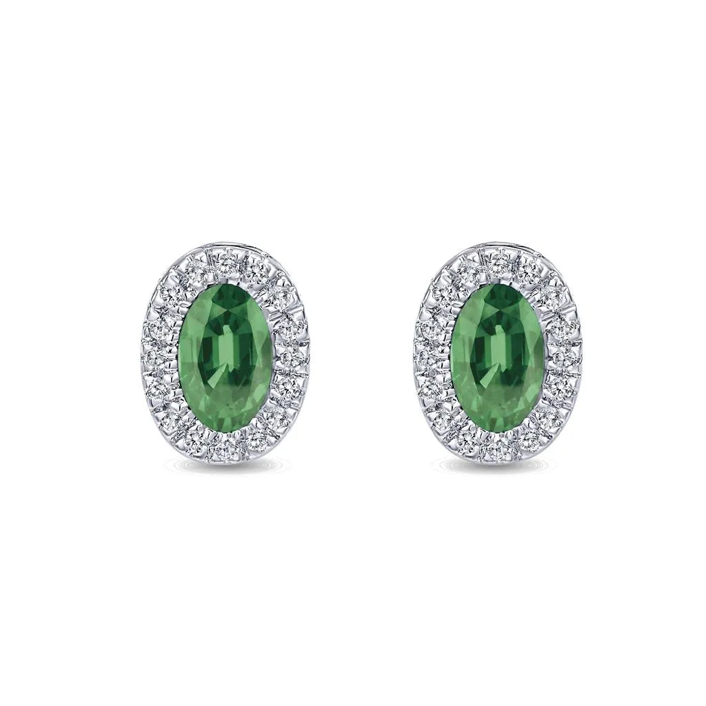 Gabriel & Co 14K White Gold Oval Emerald and Diamond Halo Stud Earrings
