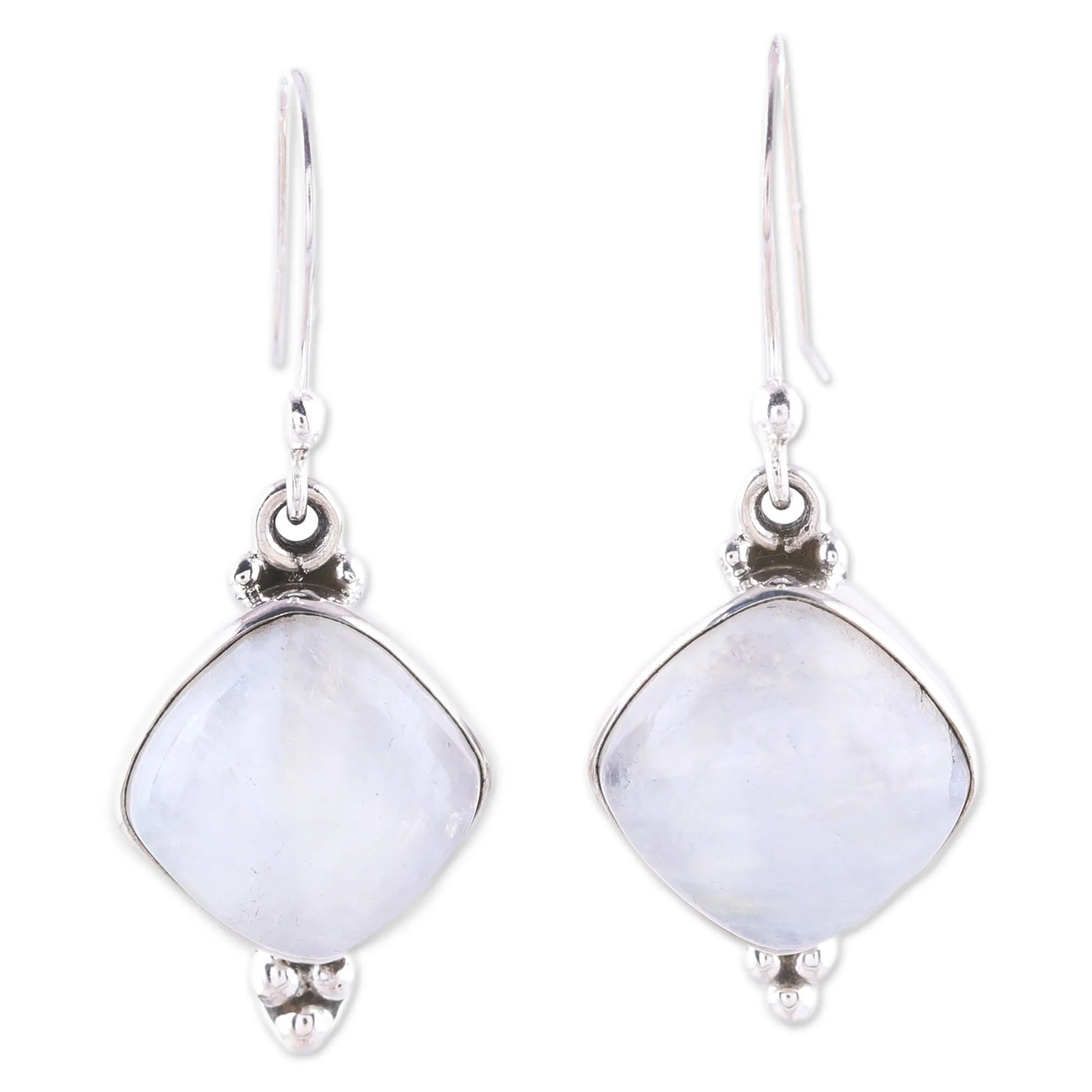Gleaming Grandeur Rainbow Moonstone Dangle Earrings from India