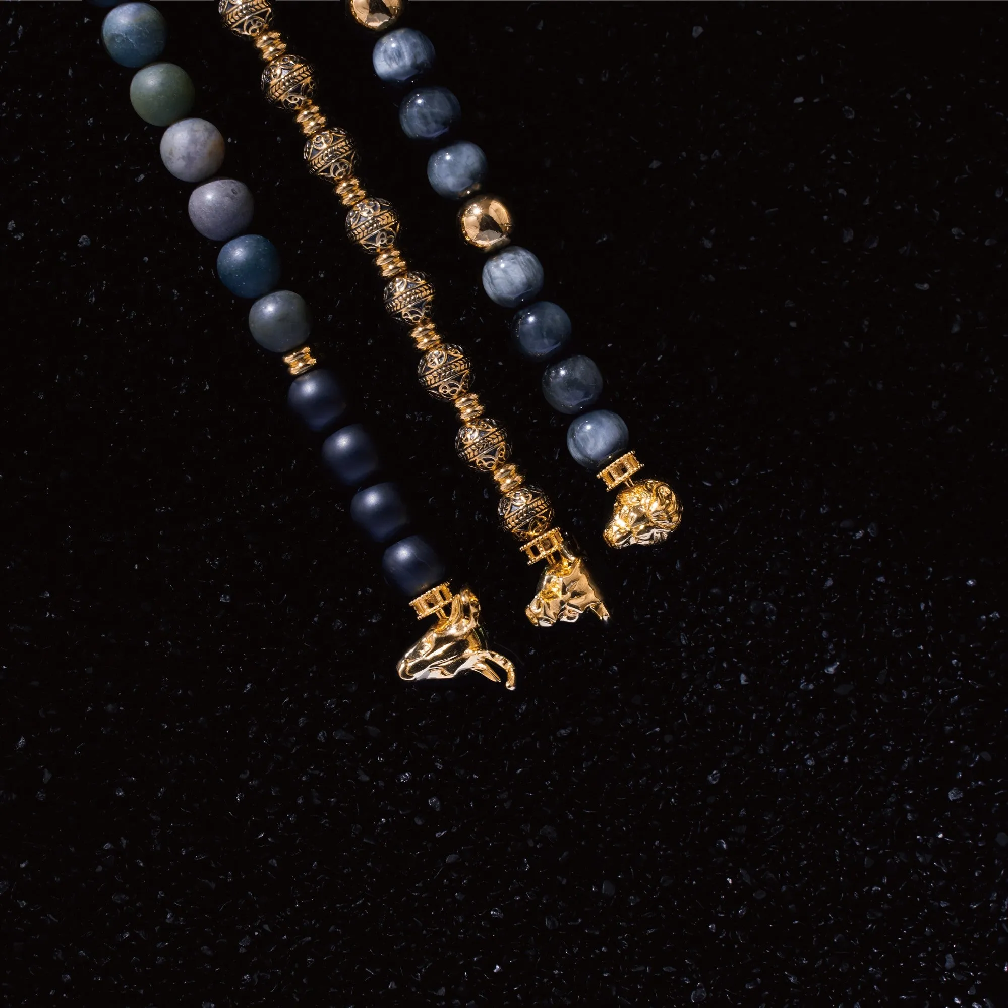 Gold Bull, Matt obsidian bracelet with gold beads