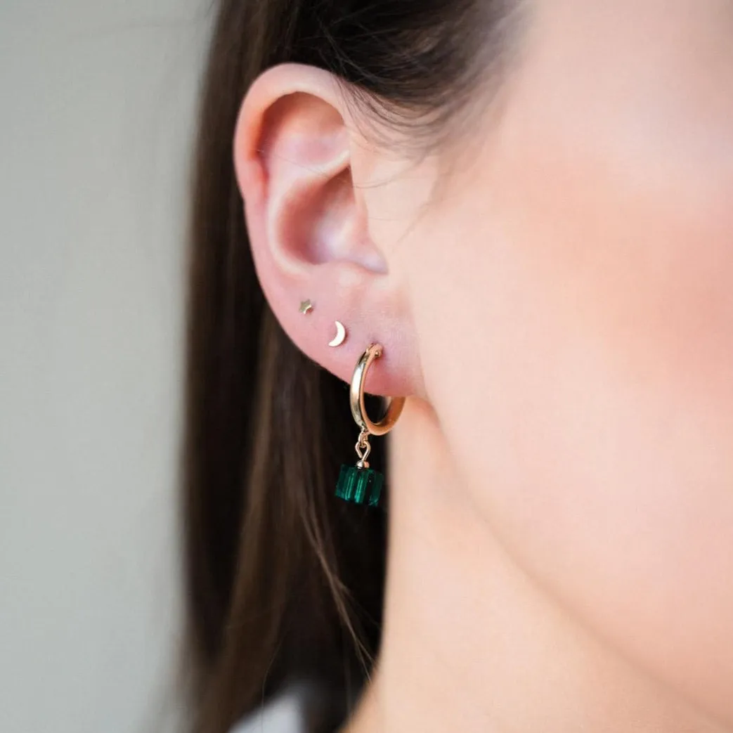 Gold Filled Emerald Green Crystal Cube Clip Hoop Earrings
