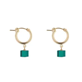 Gold Filled Emerald Green Crystal Cube Clip Hoop Earrings