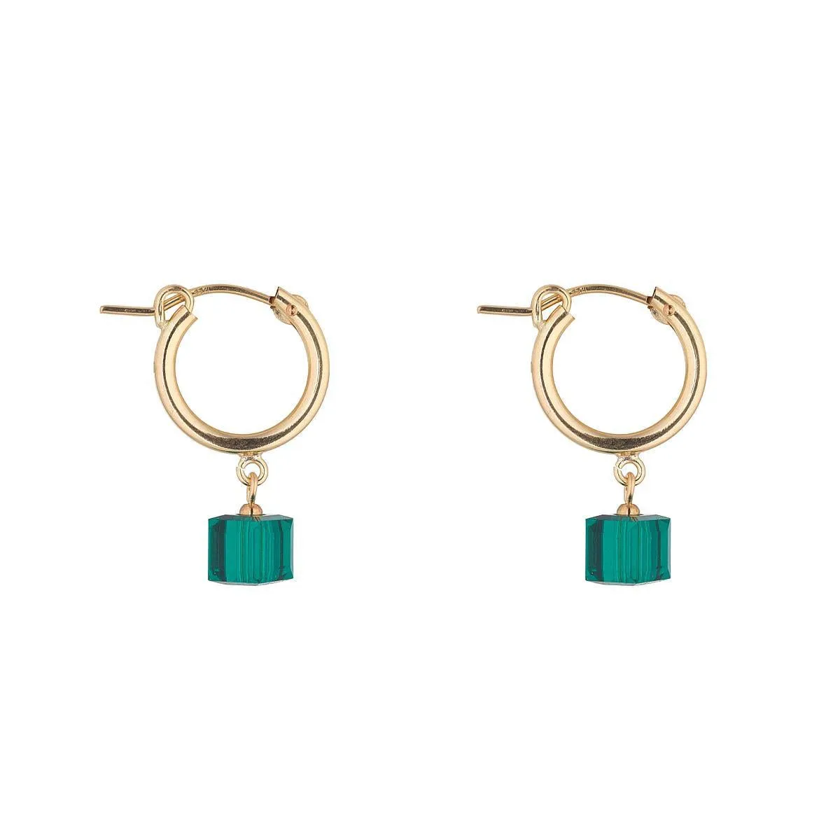 Gold Filled Emerald Green Crystal Cube Clip Hoop Earrings