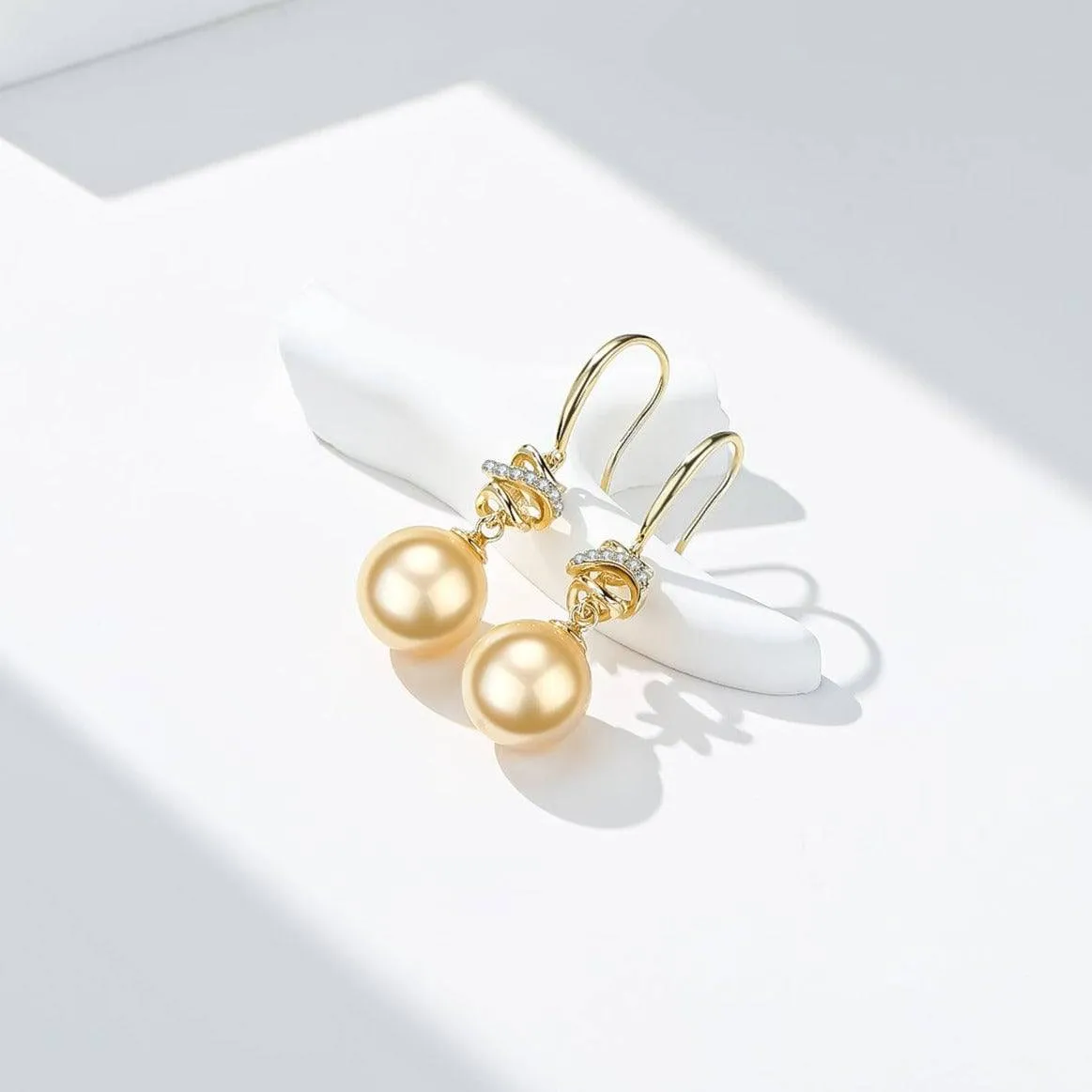 Golden South Sea Pearl & CZ Drop Earrings
