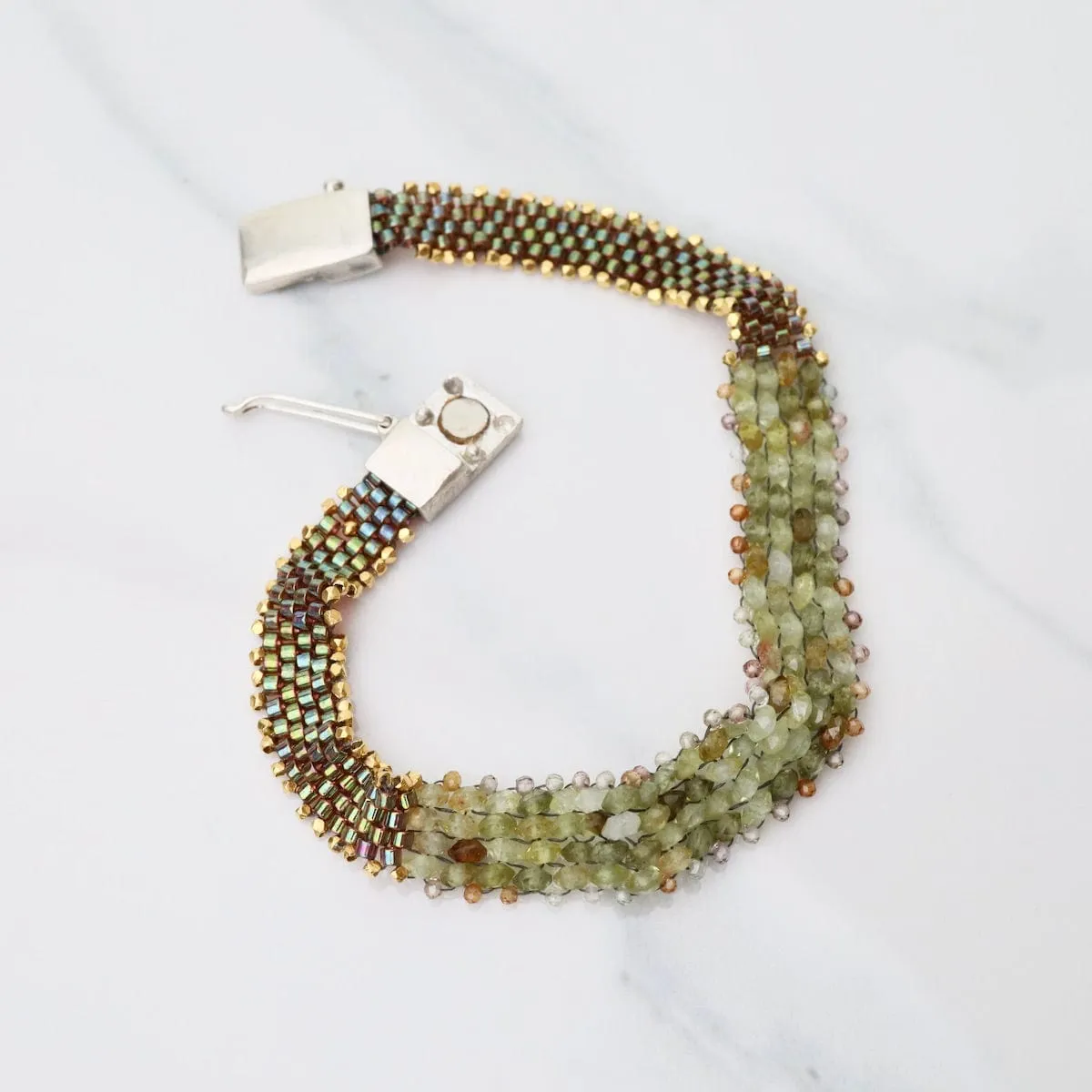 Hand Woven Soft Bracelet of Green Garnet with Tiny Grey Sapphires