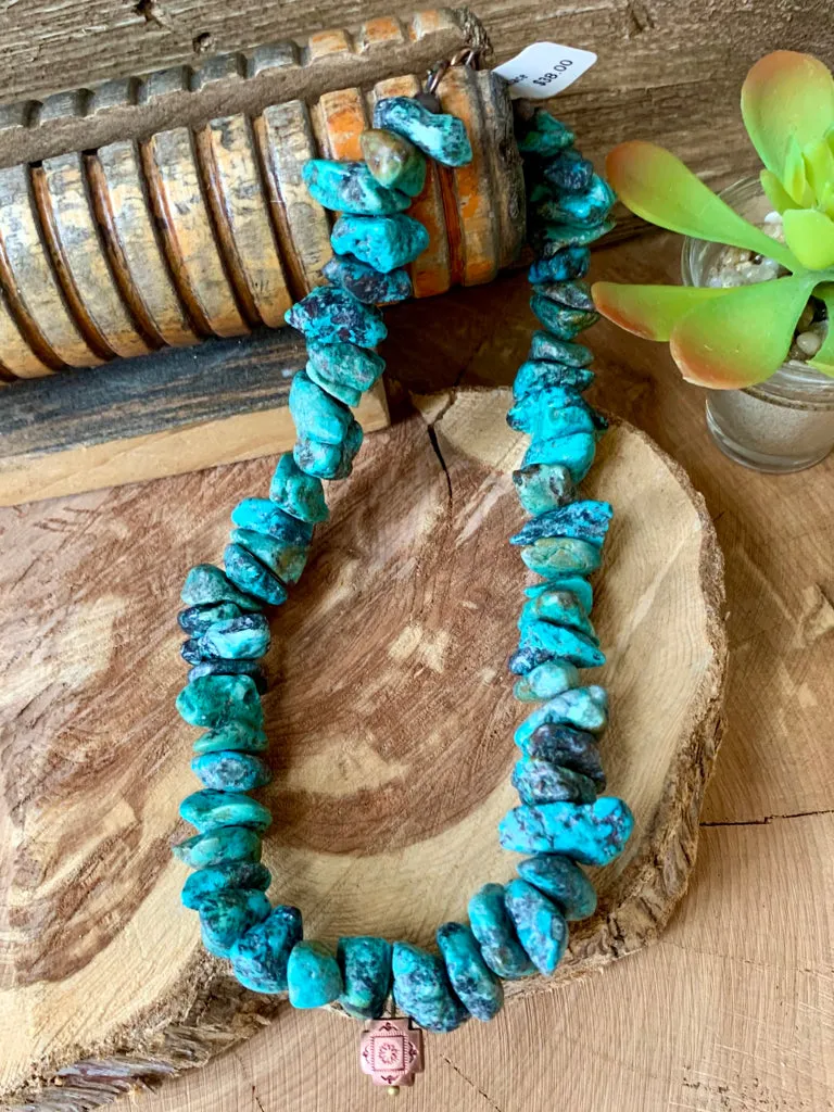 Handmade Natural Green Turquoise Choker Necklace with Copper Cross