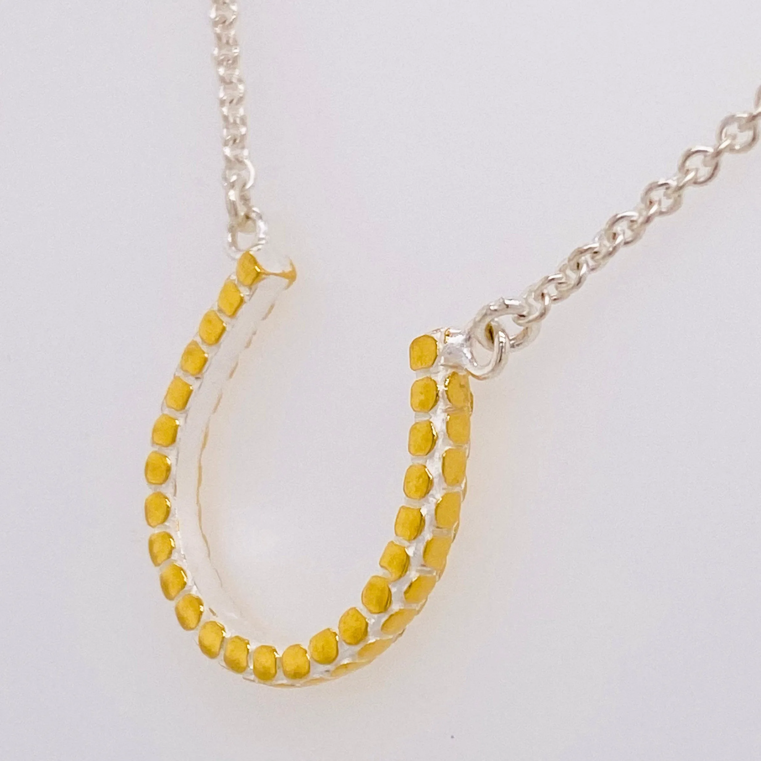 Horse Shoe Necklace, Sterling Silver and Gold Vermeil, Horse Shoe Pendant, Textured, Good Luck
