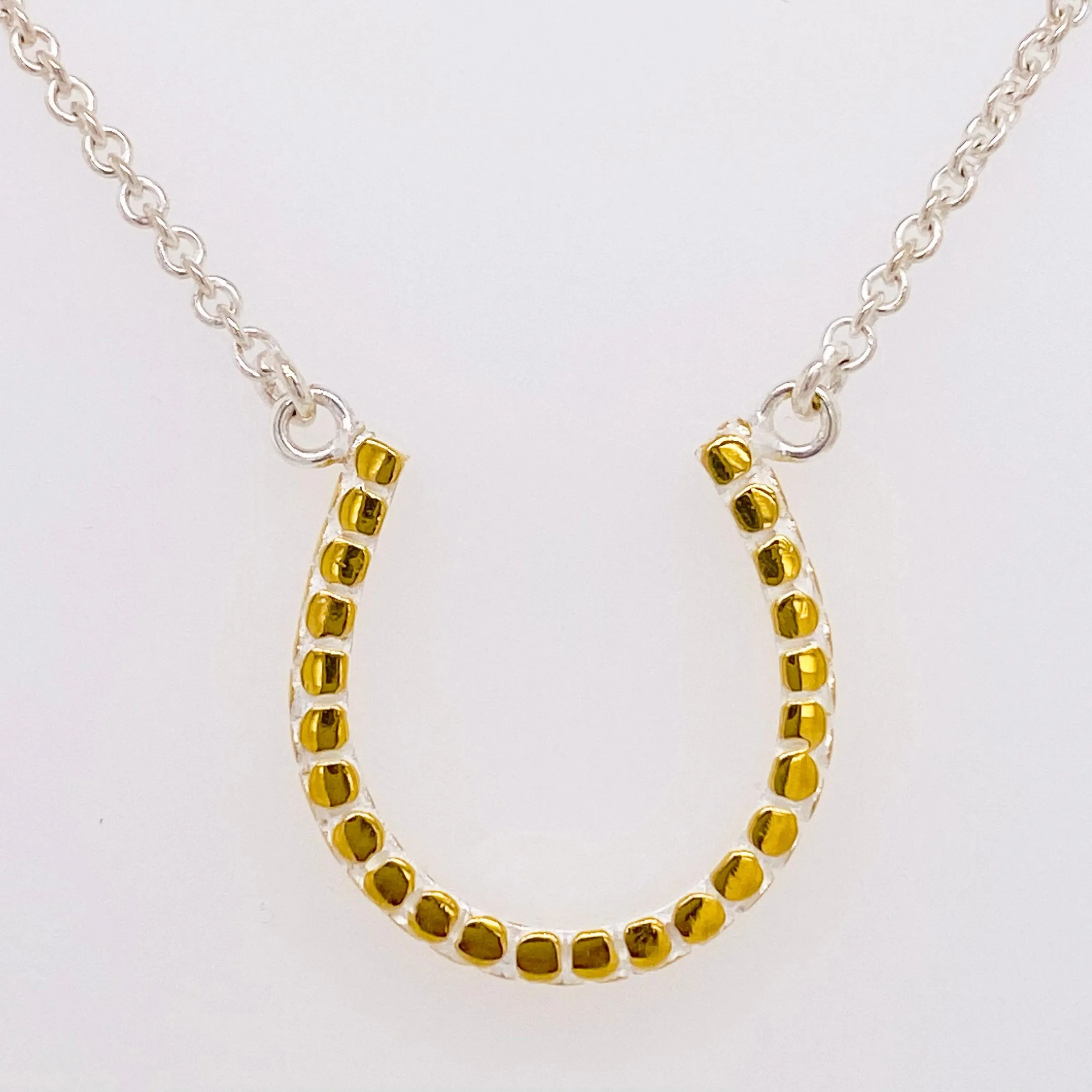 Horse Shoe Necklace, Sterling Silver and Gold Vermeil, Horse Shoe Pendant, Textured, Good Luck