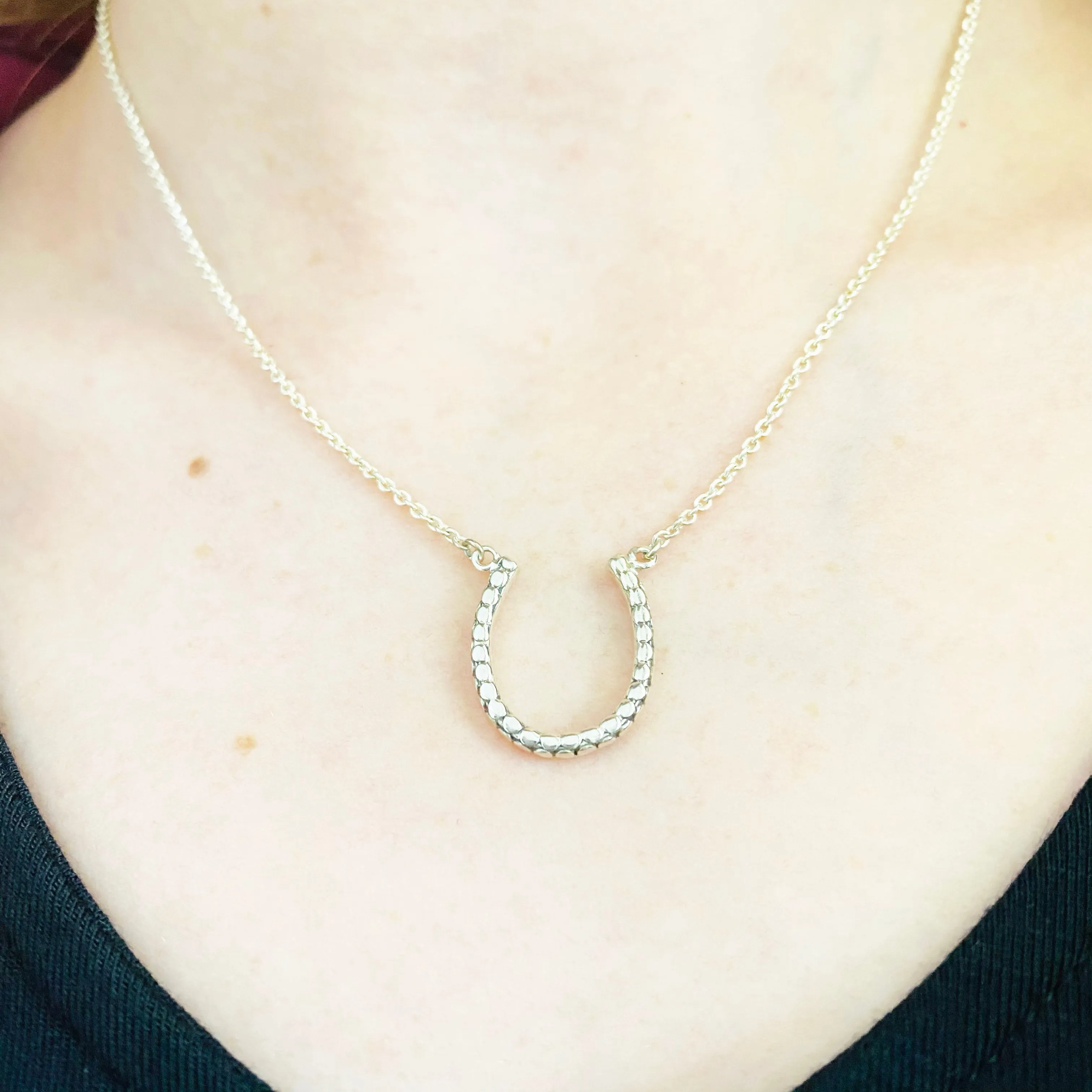 Horse Shoe Necklace, Sterling Silver and Gold Vermeil, Horse Shoe Pendant, Textured, Good Luck