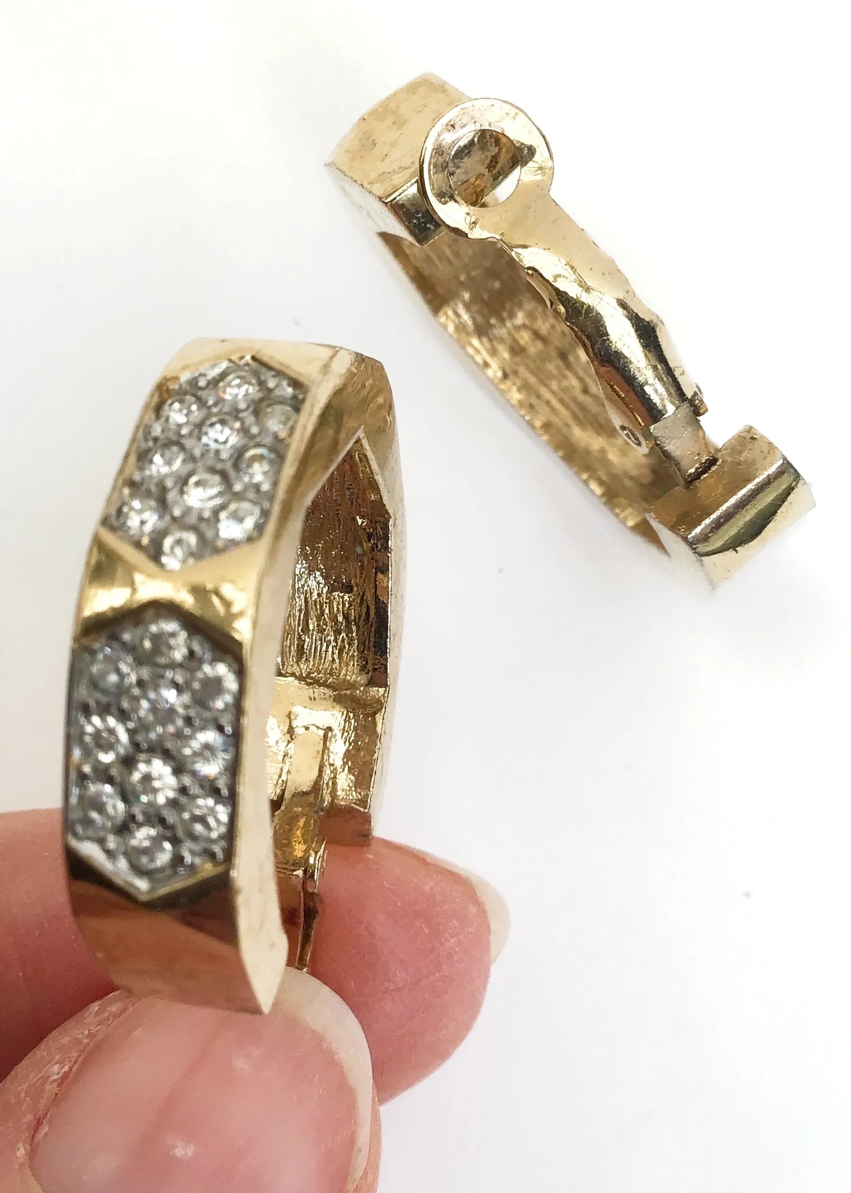 Huge Vintage 80s Pave Rhinestone Octagonal Hoop Clip On Earrings