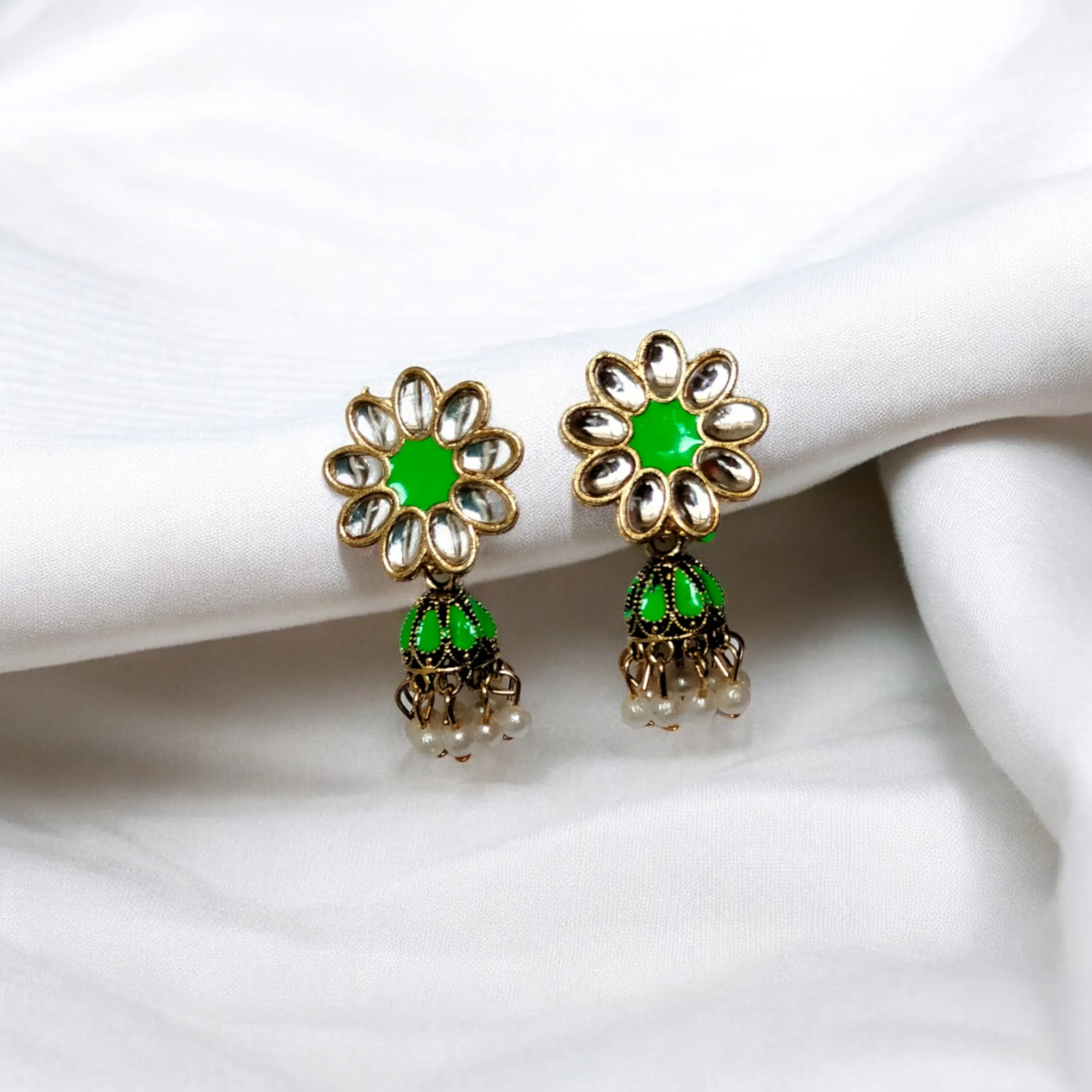 Jewelestia Emerald Bloom Jhumkas