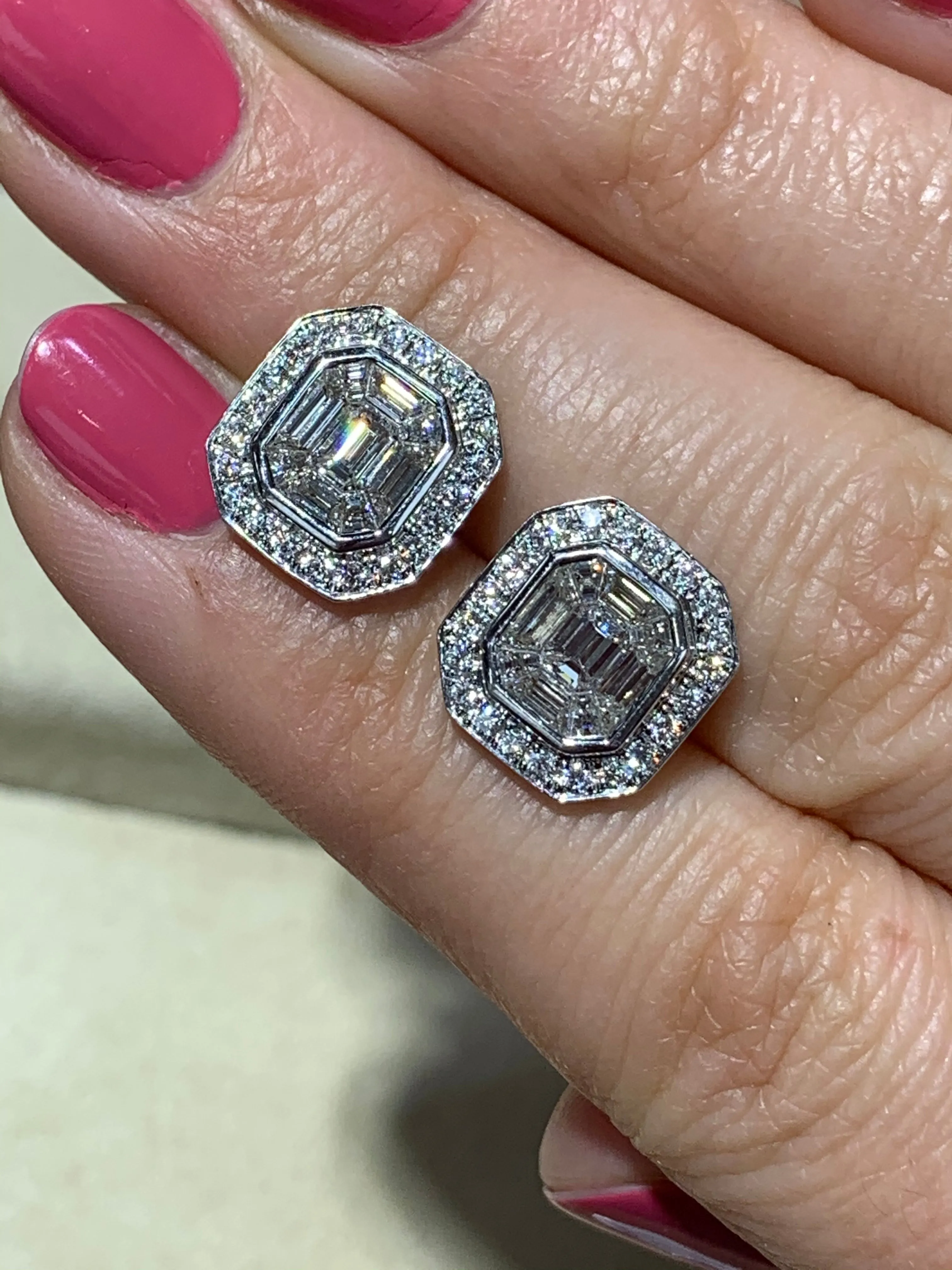 Ladies Diamond Round and Baguette Stud Earrings