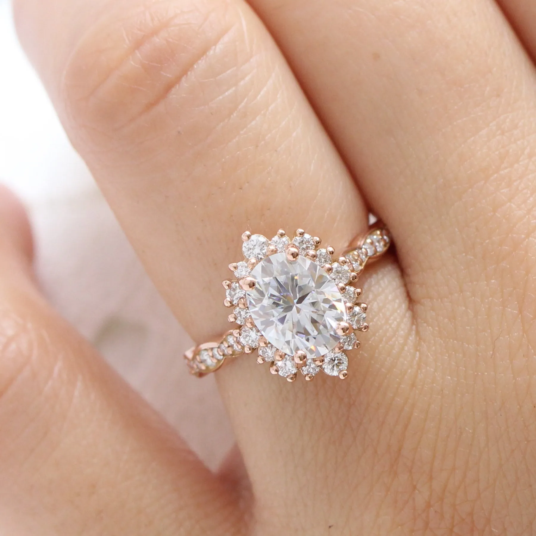 Large Oval Moissanite Ring in Tiara Halo Diamond Scalloped Band