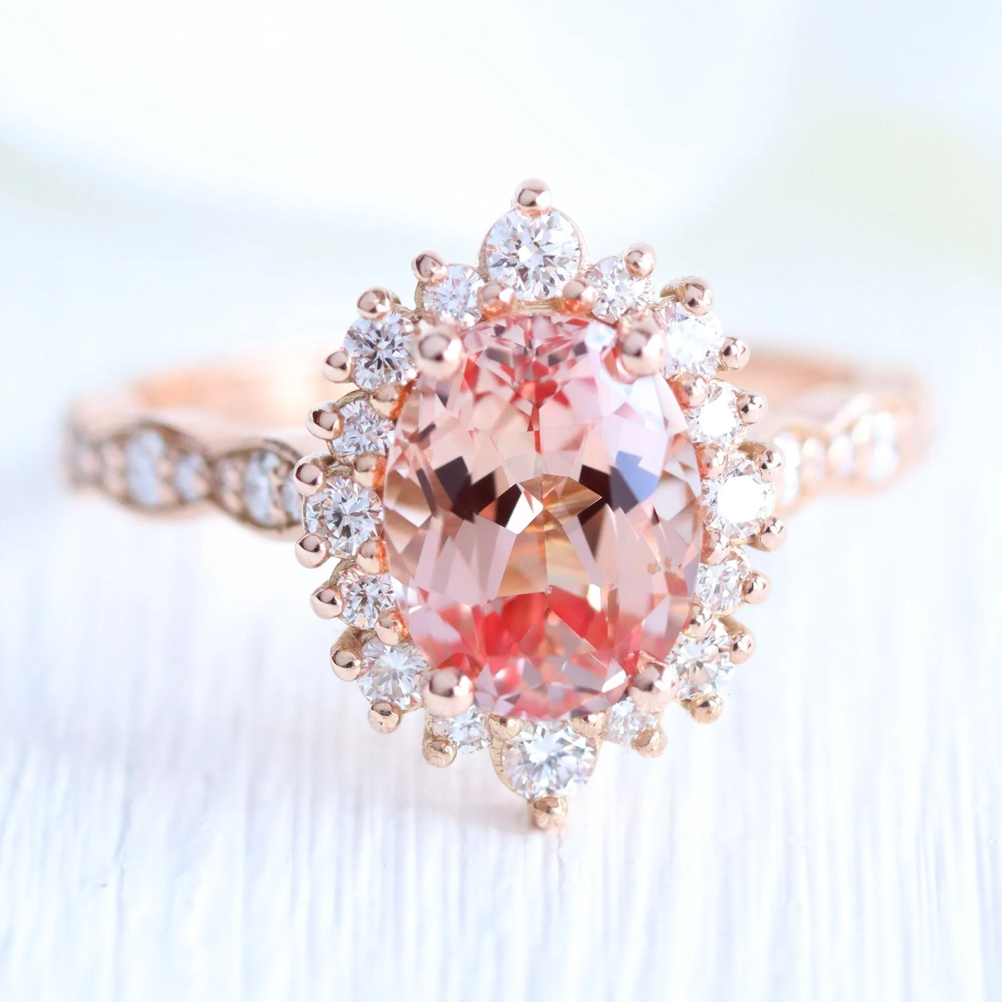 Large Tiara Halo Oval Ring Set w/ Champagne Peach Sapphire and Diamond