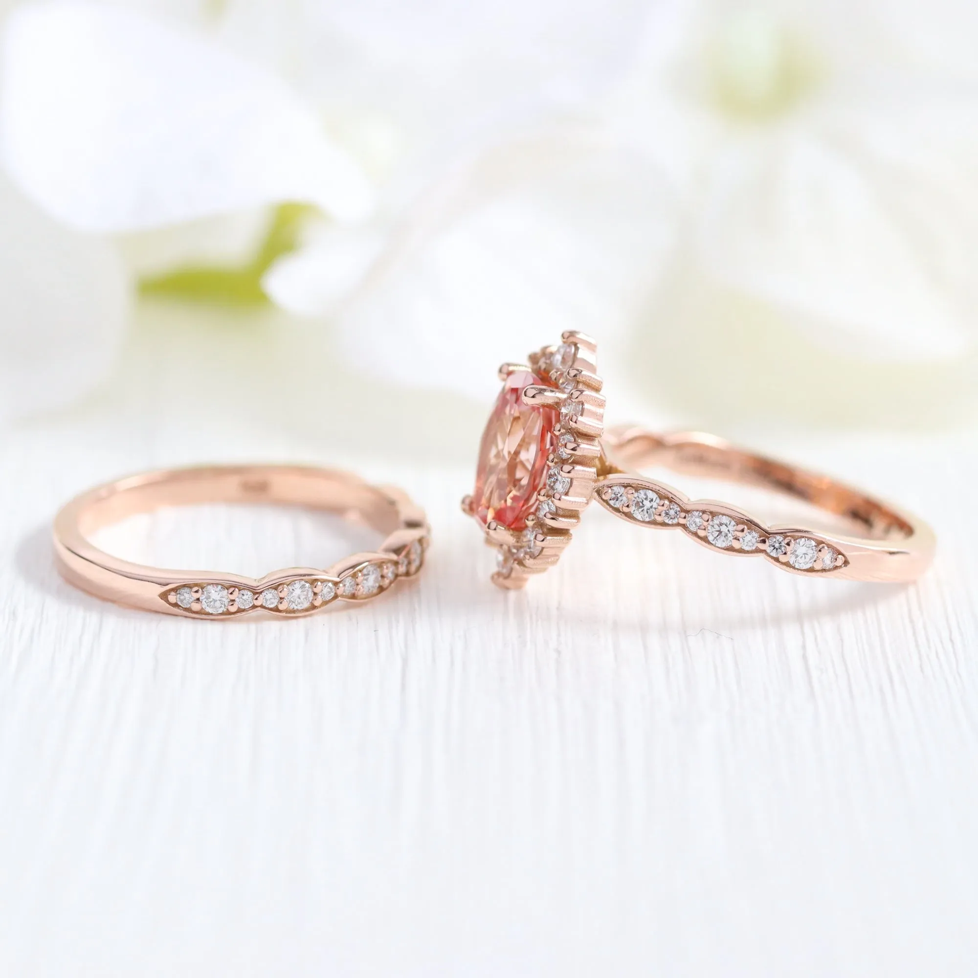 Large Tiara Halo Oval Ring Set w/ Champagne Peach Sapphire and Diamond