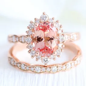 Large Tiara Halo Oval Ring Set w/ Champagne Peach Sapphire and Diamond