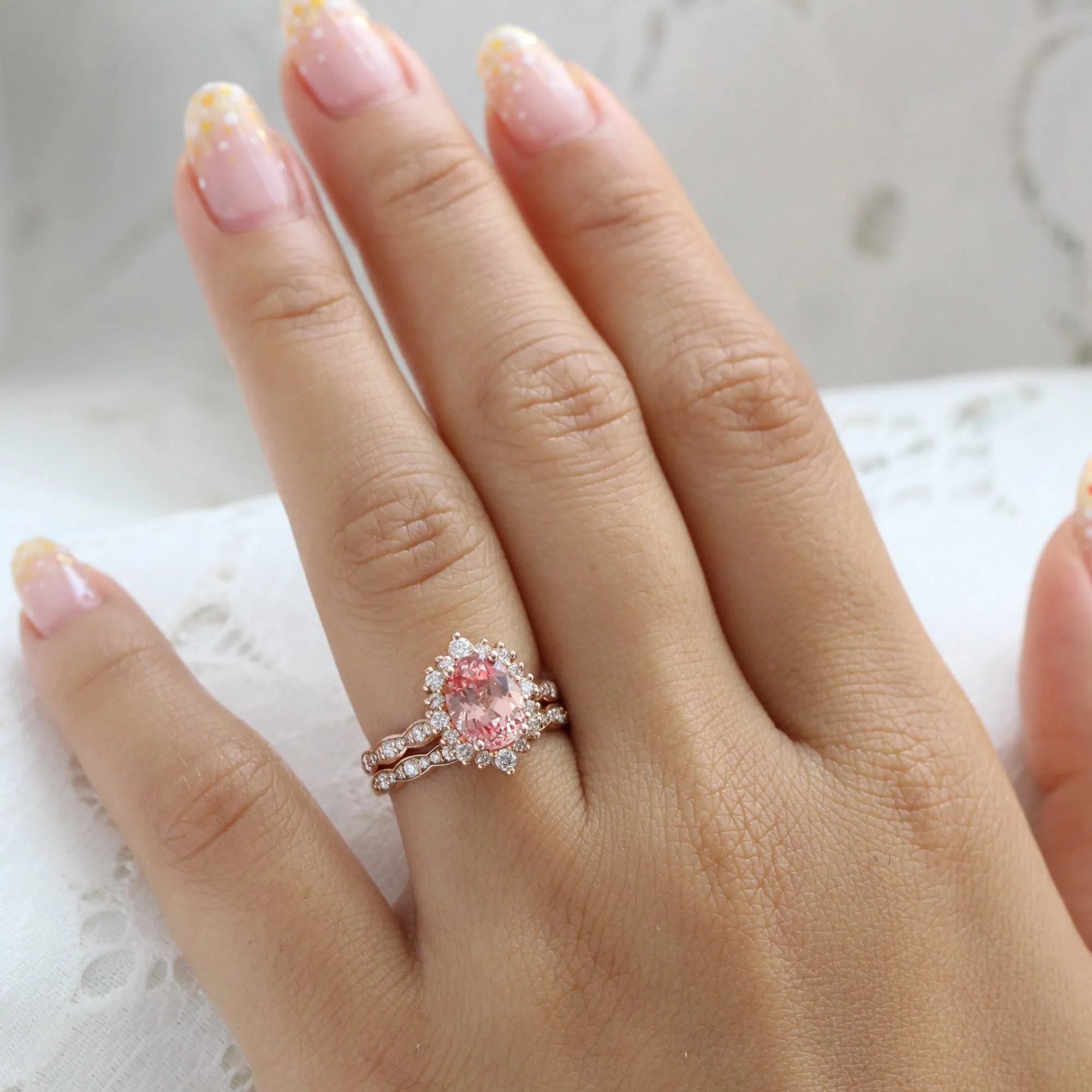 Large Tiara Halo Oval Ring Set w/ Champagne Peach Sapphire and Diamond