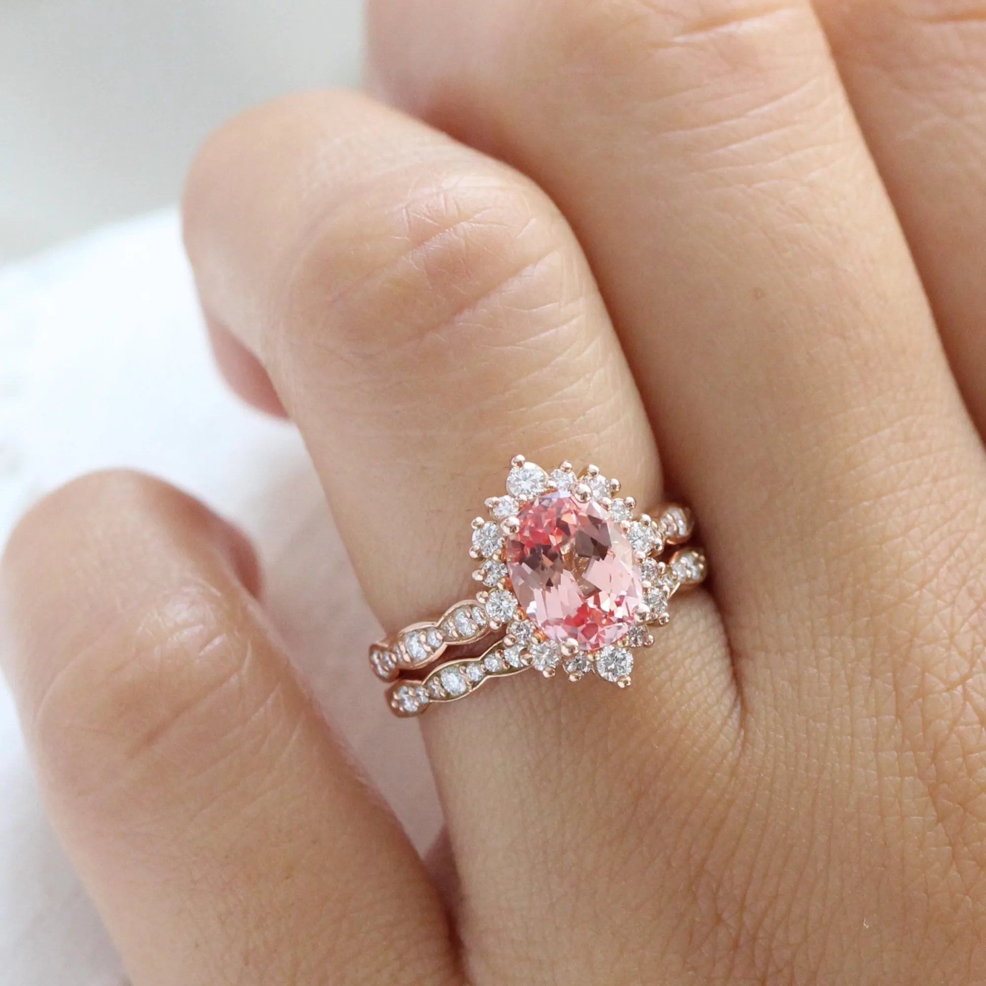 Large Tiara Halo Oval Ring Set w/ Champagne Peach Sapphire and Diamond
