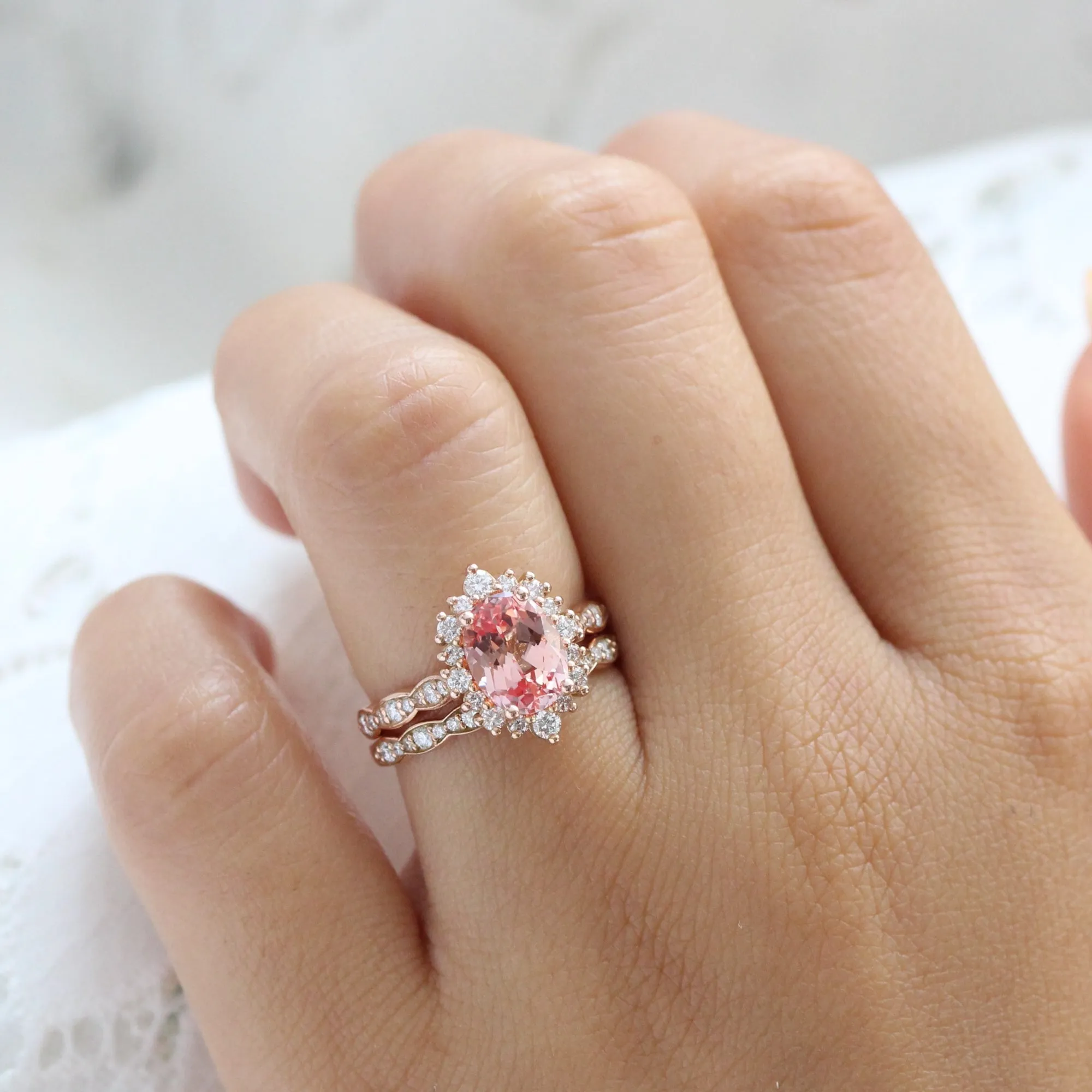 Large Tiara Halo Oval Ring Set w/ Champagne Peach Sapphire and Diamond