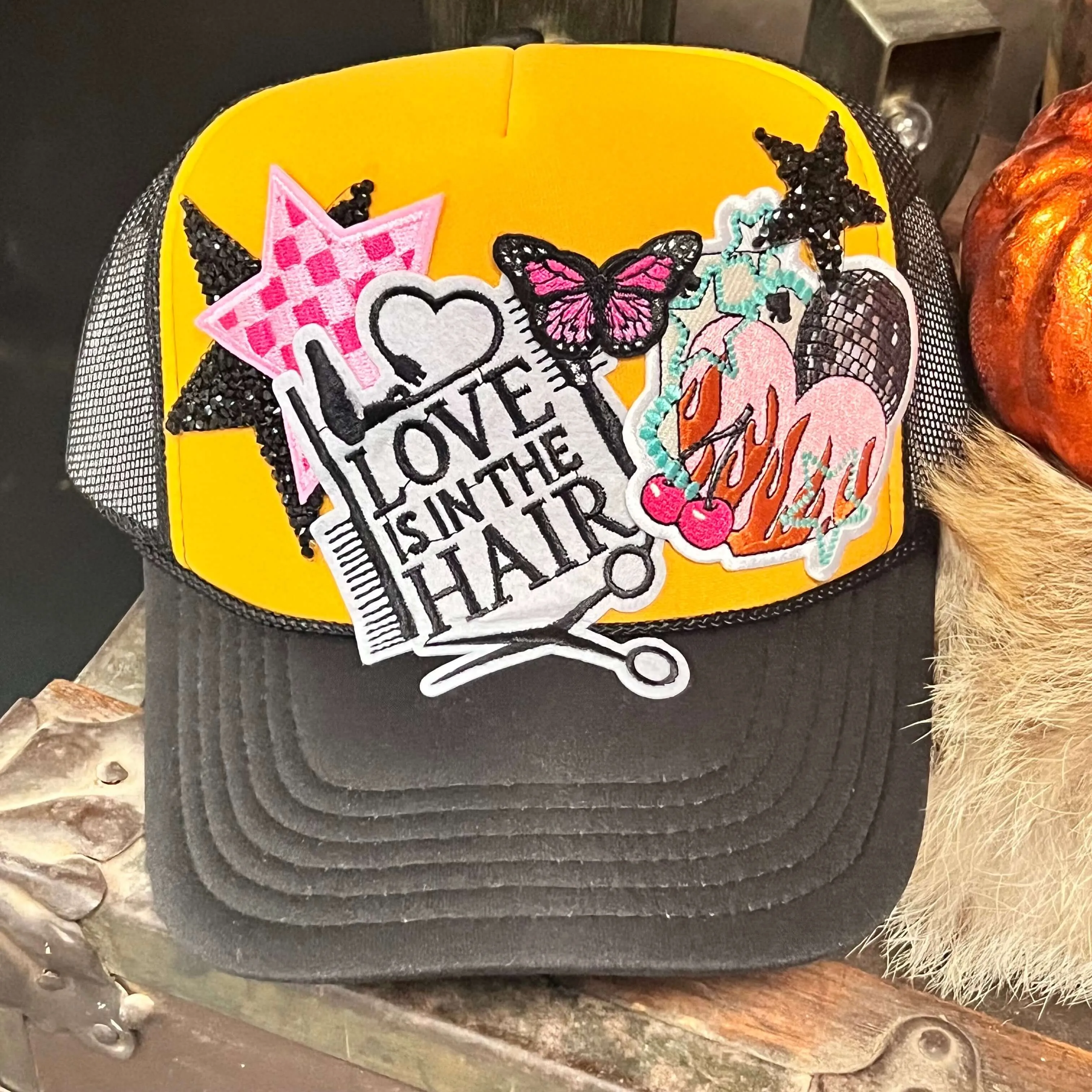 Love is in the Hair Black & Yellow Custom Trucker Hat
