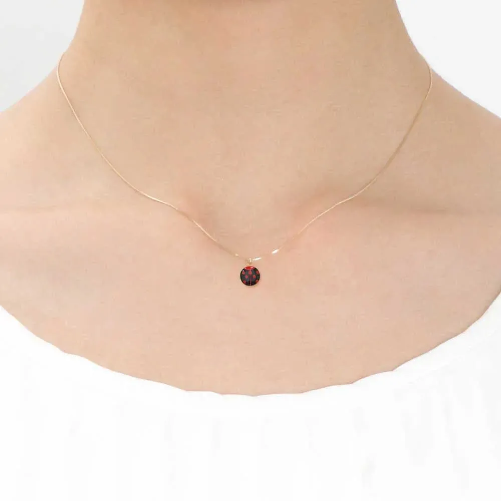 Maki-e Urushi Lacquer Pendant Necklace - White South Sea Pearl Shell / Ladybug / Black -, Traditional Japanese Urushi Lacquer Jewelry
