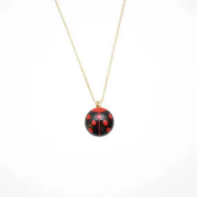 Maki-e Urushi Lacquer Pendant Necklace - White South Sea Pearl Shell / Ladybug / Black -, Traditional Japanese Urushi Lacquer Jewelry