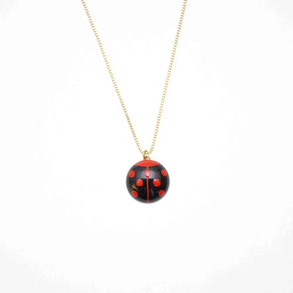 Maki-e Urushi Lacquer Pendant Necklace - White South Sea Pearl Shell / Ladybug / Black -, Traditional Japanese Urushi Lacquer Jewelry
