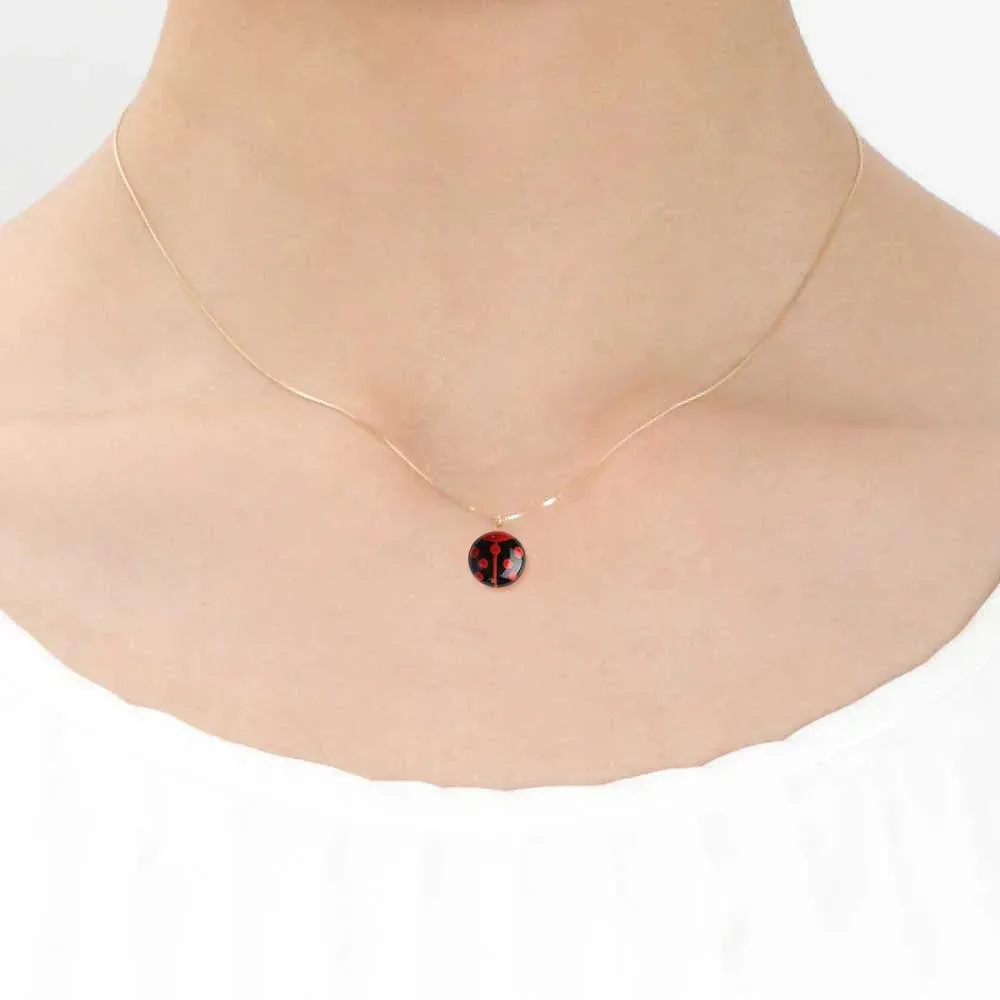 Maki-e Urushi Lacquer Pendant Necklace - White South Sea Pearl Shell / Ladybug / Black -, Traditional Japanese Urushi Lacquer Jewelry