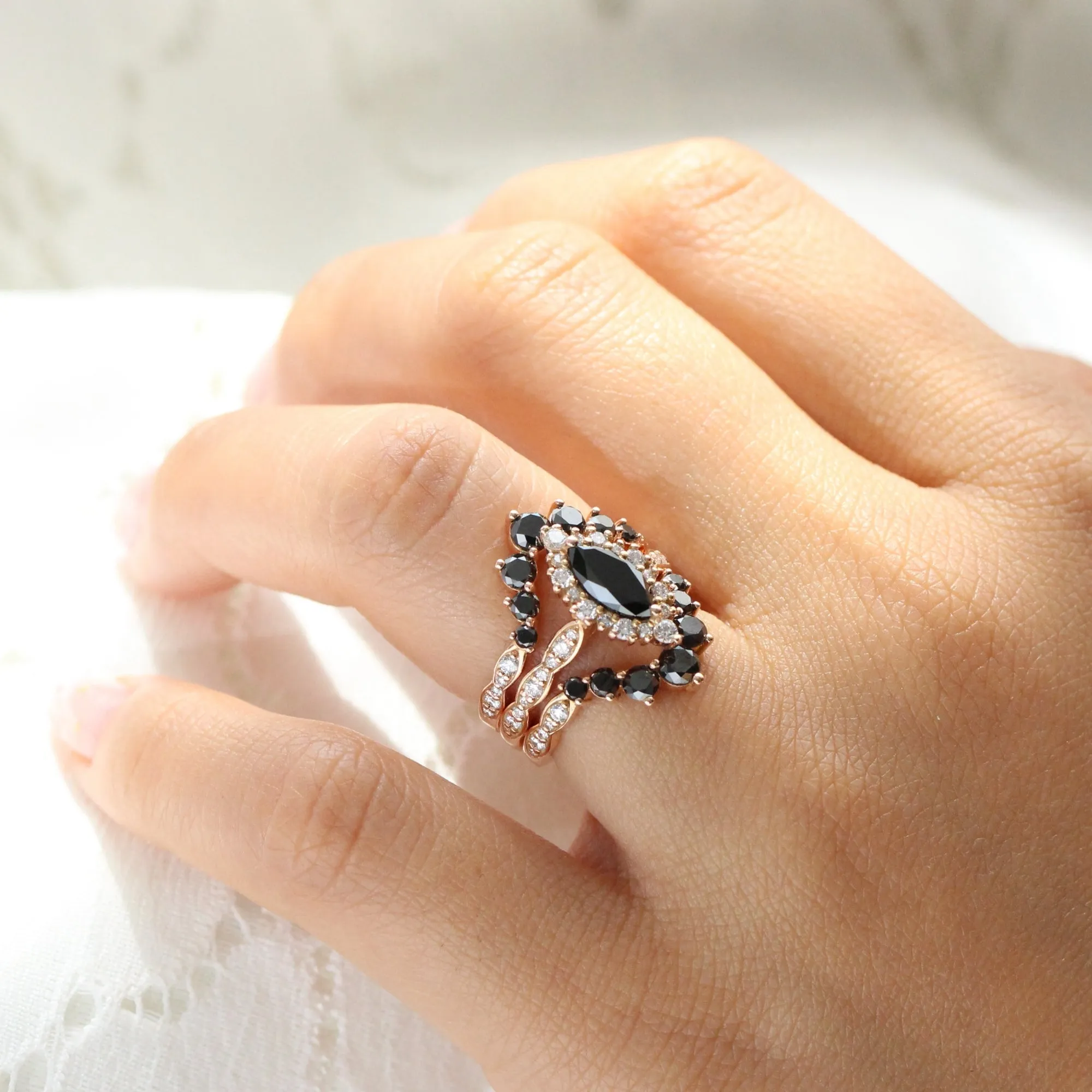 Marquise Black Diamond Ring in Tiara Halo Scalloped Band