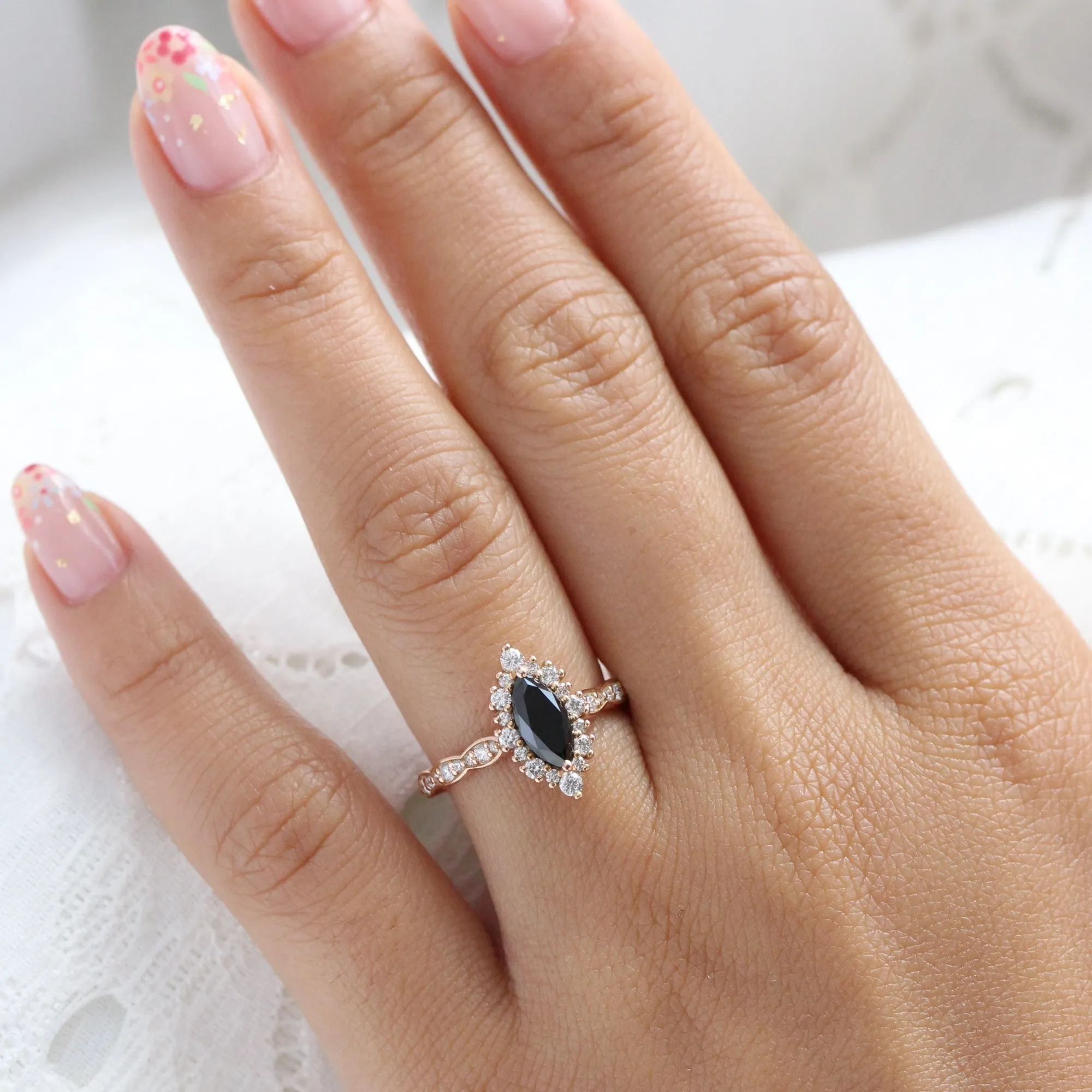 Marquise Black Diamond Ring in Tiara Halo Scalloped Band