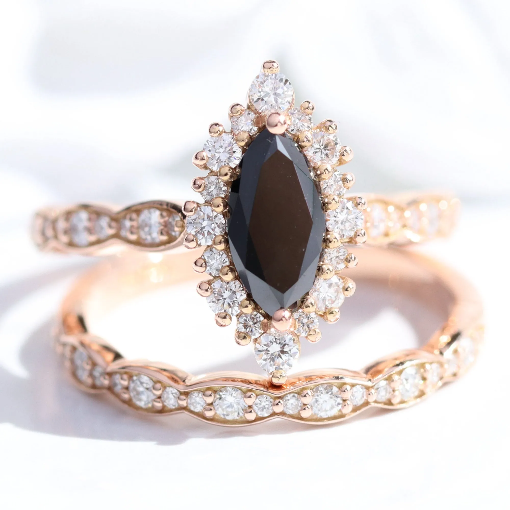 Marquise Black Diamond Ring in Tiara Halo Scalloped Band