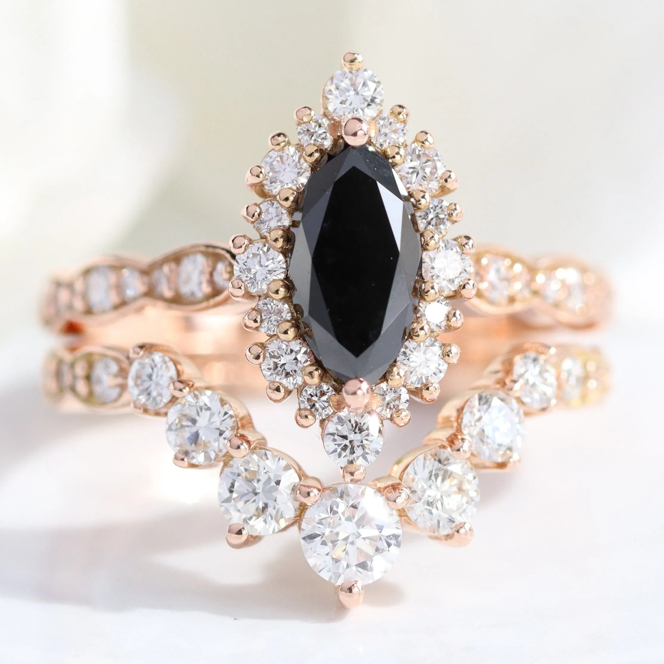 Marquise Black Diamond Ring in Tiara Halo Scalloped Band