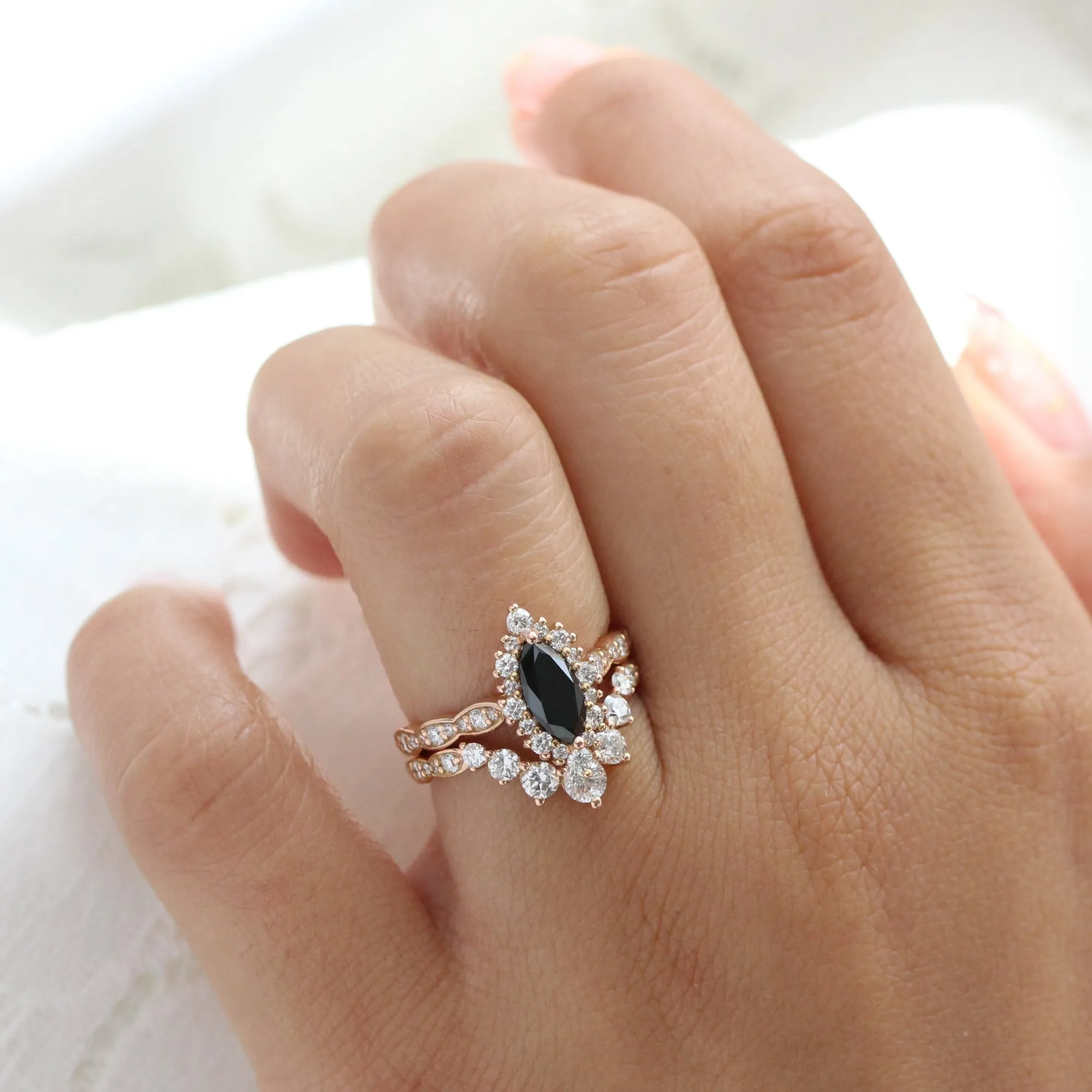 Marquise Black Diamond Ring in Tiara Halo Scalloped Band
