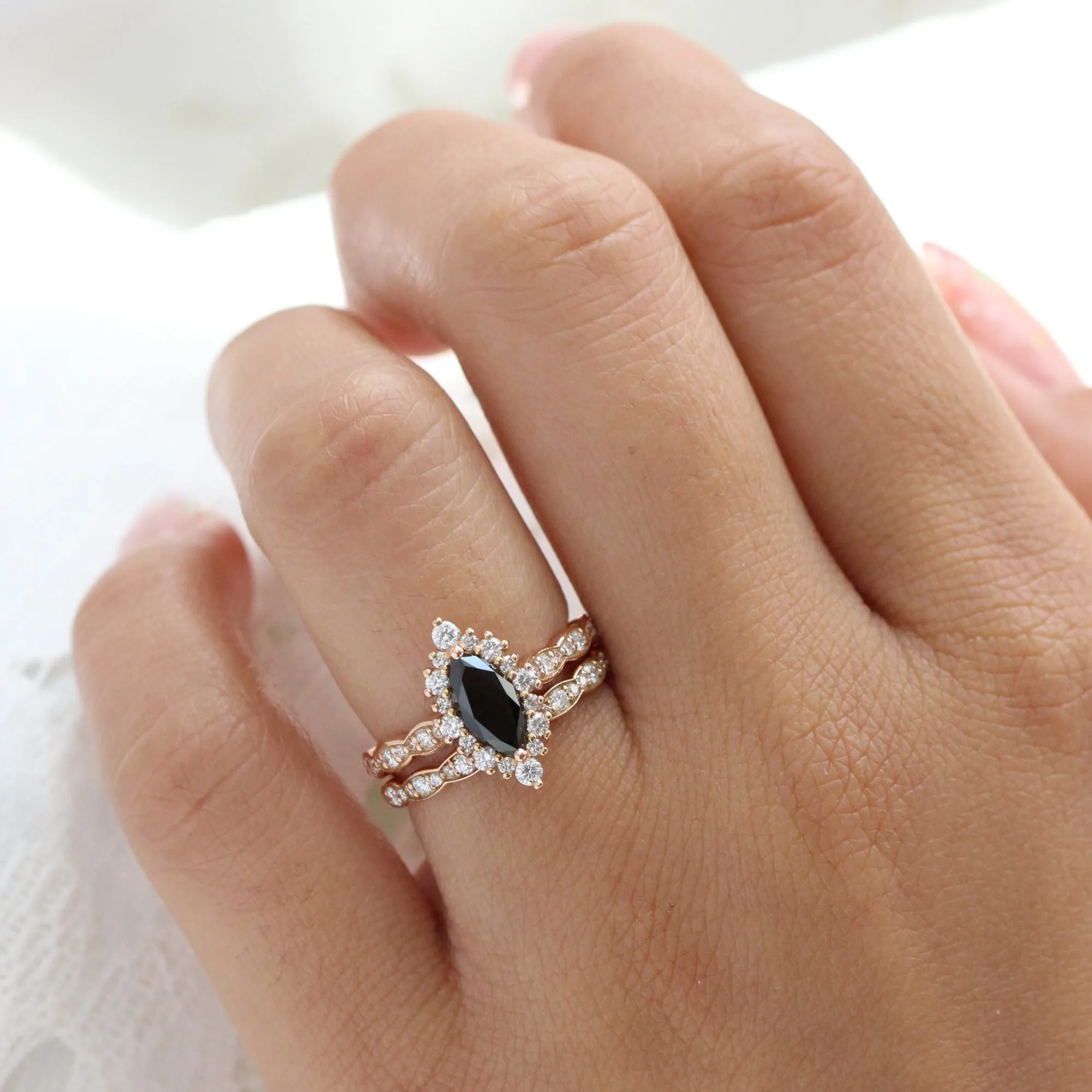 Marquise Black Diamond Ring in Tiara Halo Scalloped Band